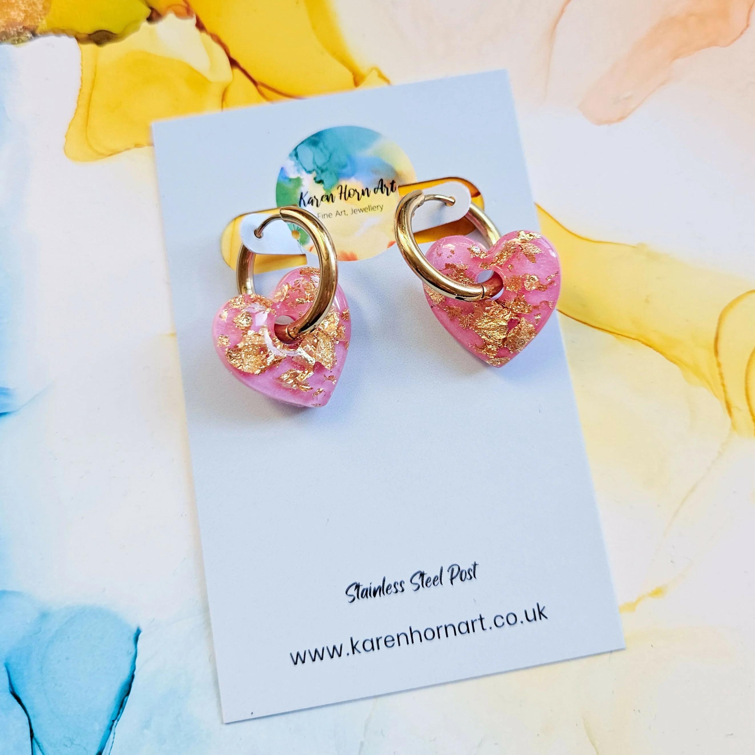Handmade Pink And Encased Gold Leaf Resin Heart Charms On Chunky Hoops - Image 3
