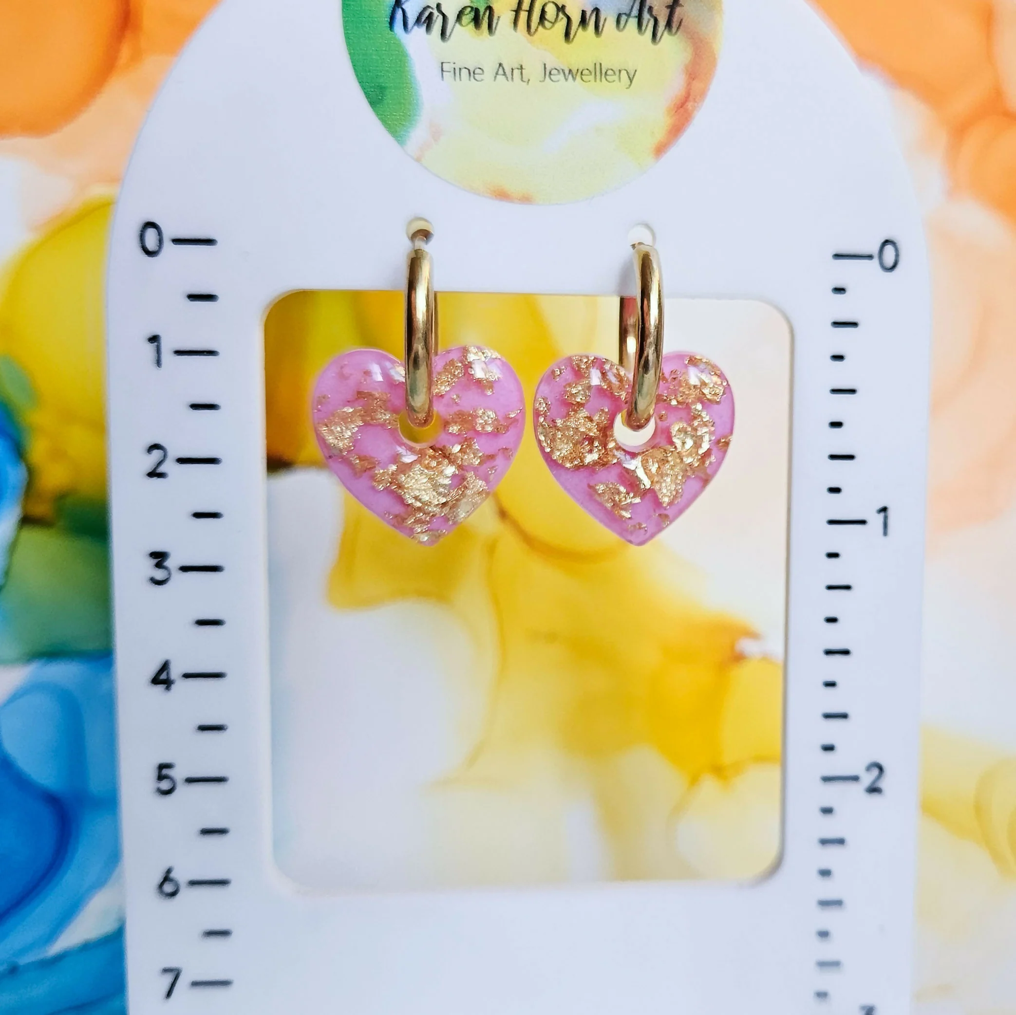 Handmade Pink And Encased Gold Leaf Resin Heart Charms On Chunky Hoops - Image 4