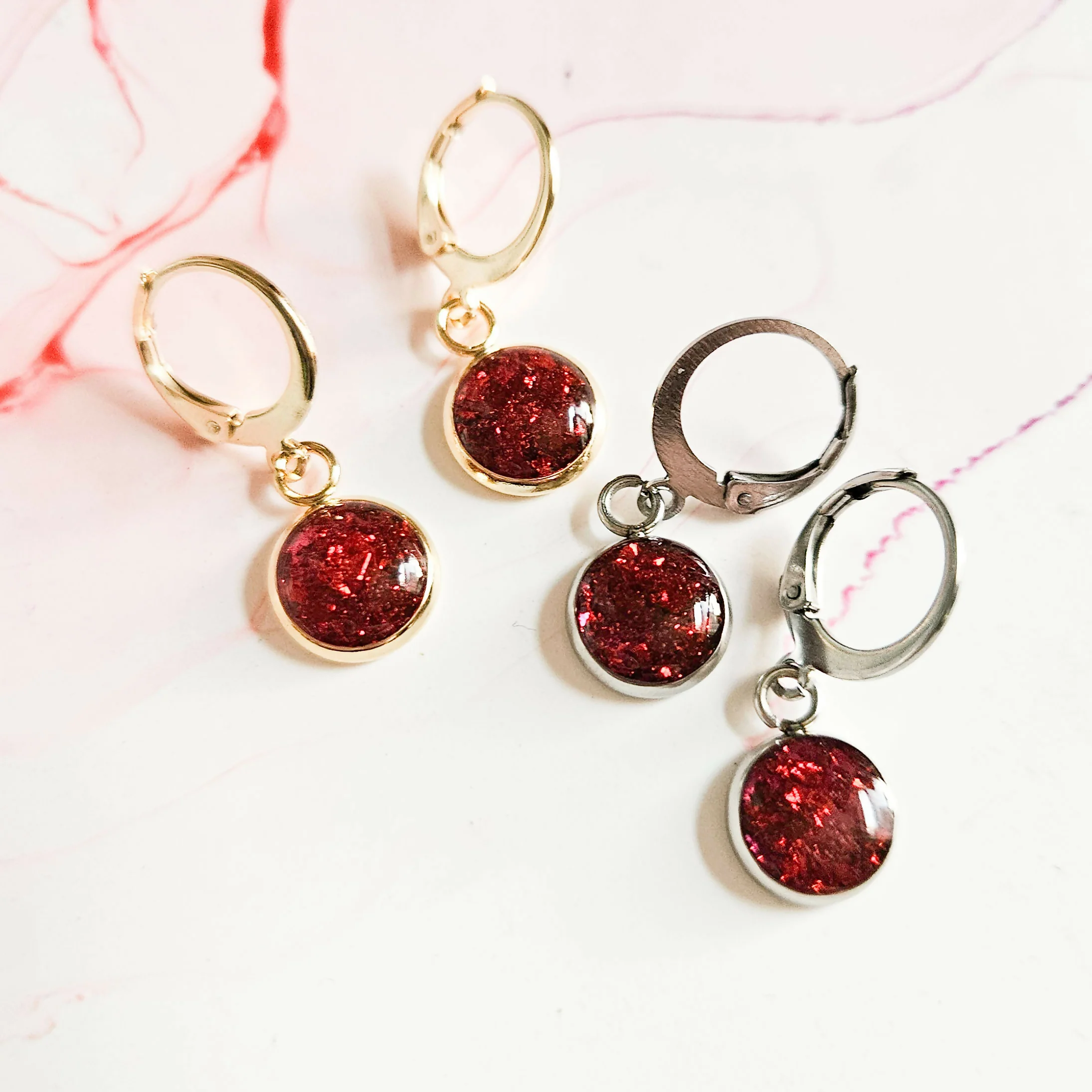 Handmade Pink And Red Leaf Resin And Stainless Steel Huggie Hoops Silver Or Gold
