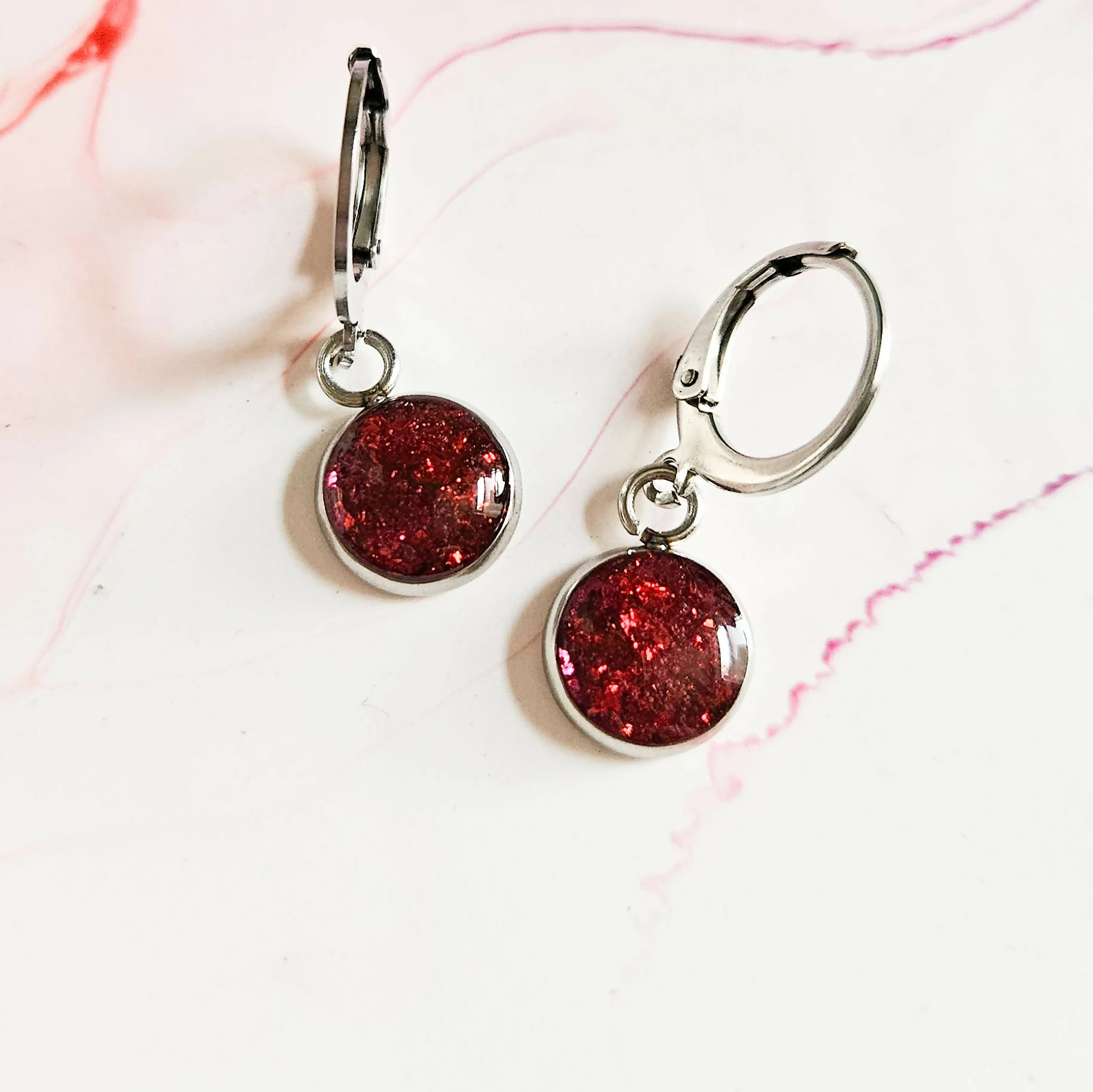 Handmade Pink And Red Leaf Resin And Stainless Steel Huggie Hoops Silver Or Gold - Image 2
