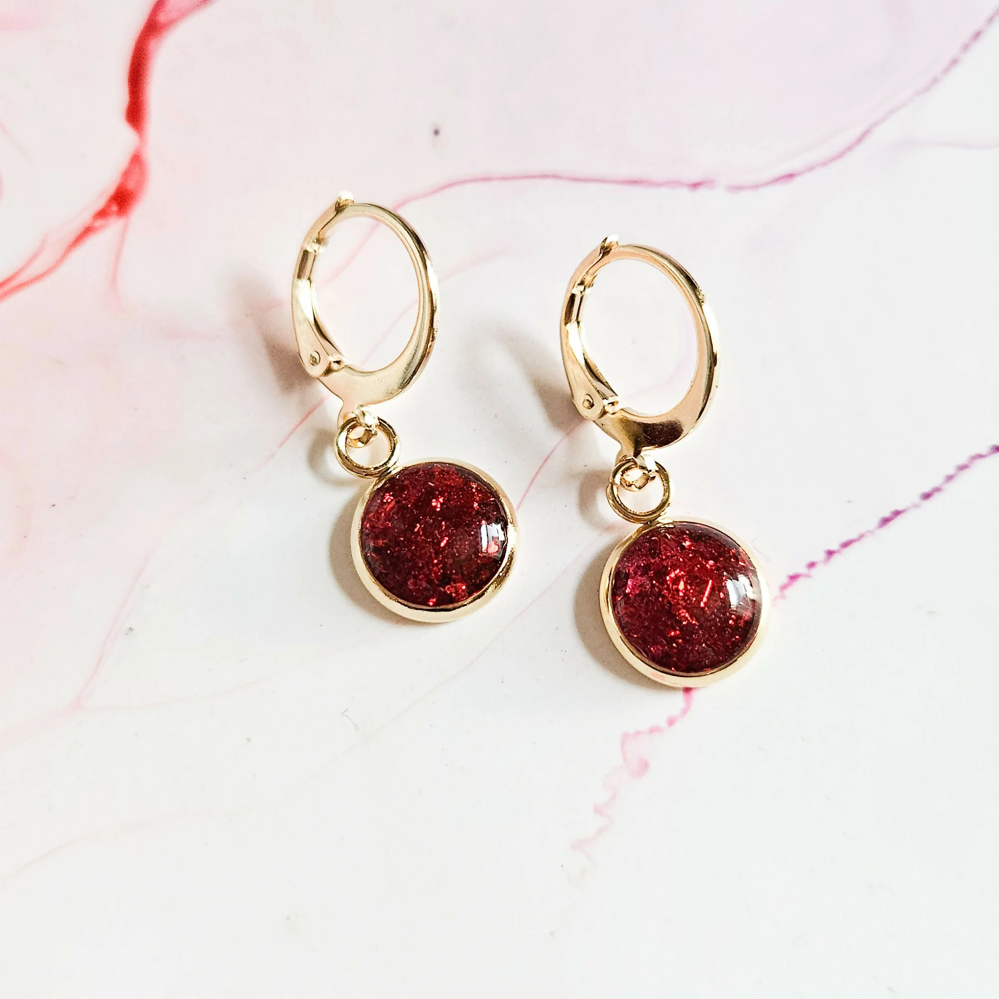 Handmade Pink And Red Leaf Resin And Stainless Steel Huggie Hoops Silver Or Gold - Image 3