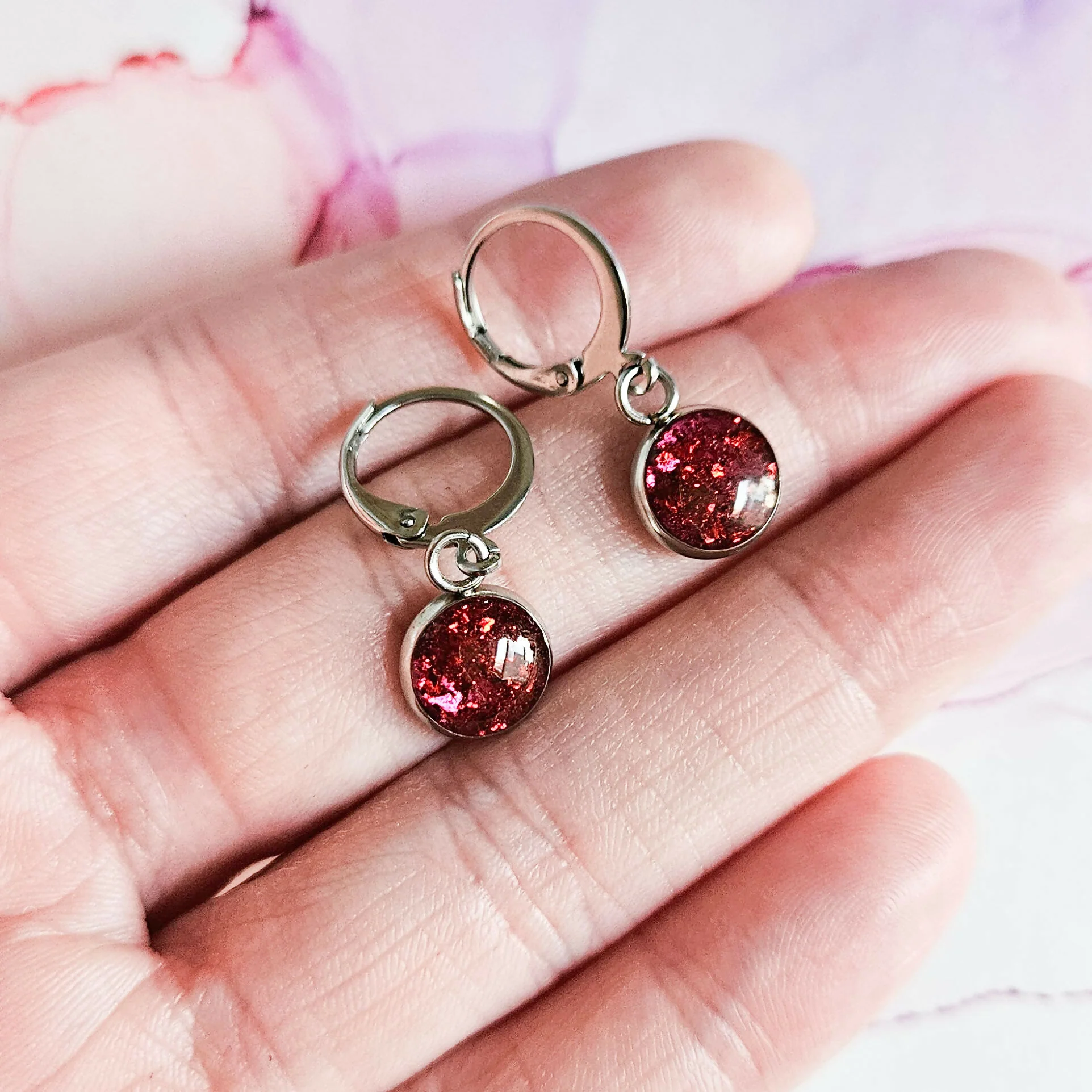 Handmade Pink And Red Leaf Resin And Stainless Steel Huggie Hoops Silver Or Gold - Image 4