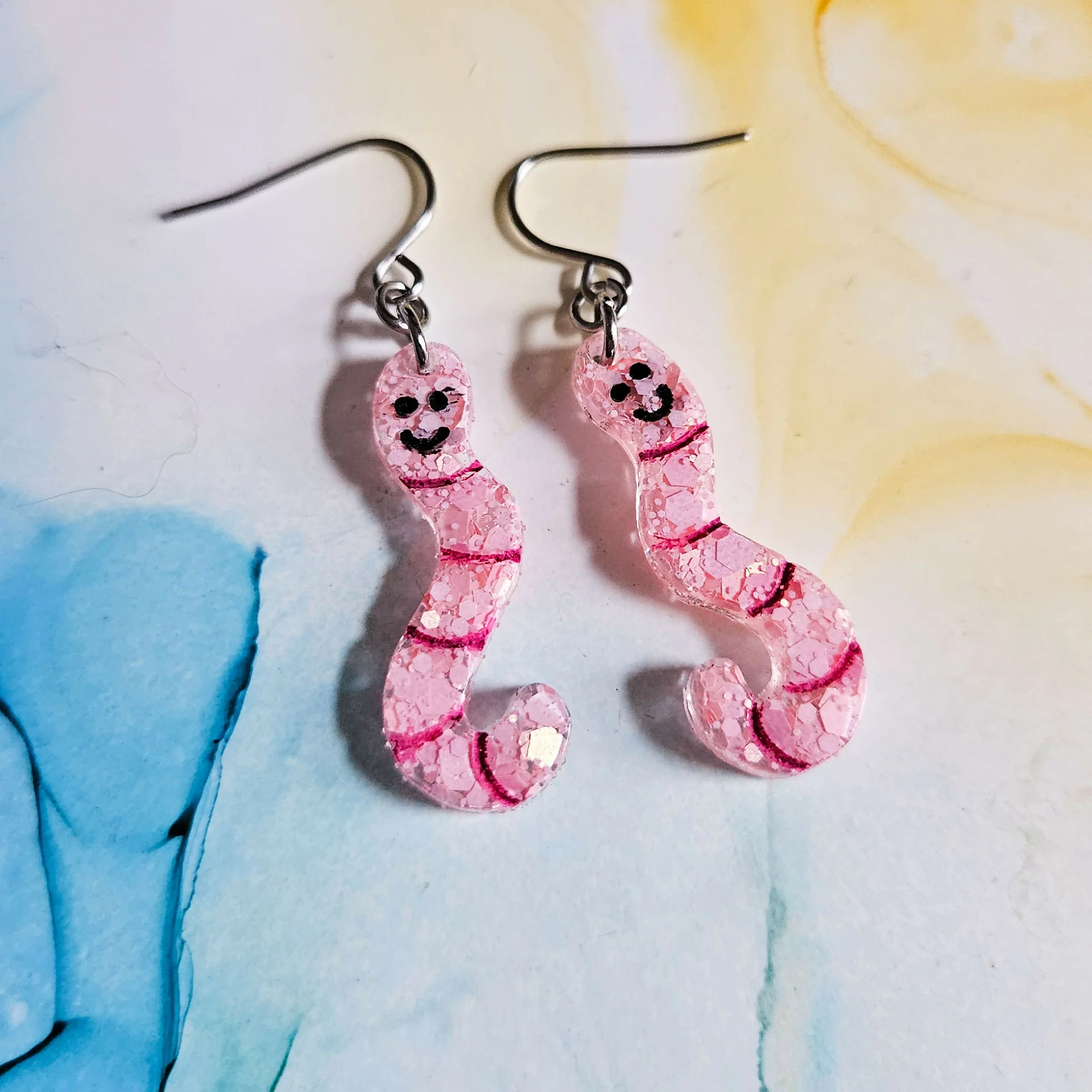 Handmade Pink Glitter Worms Resin Earrings