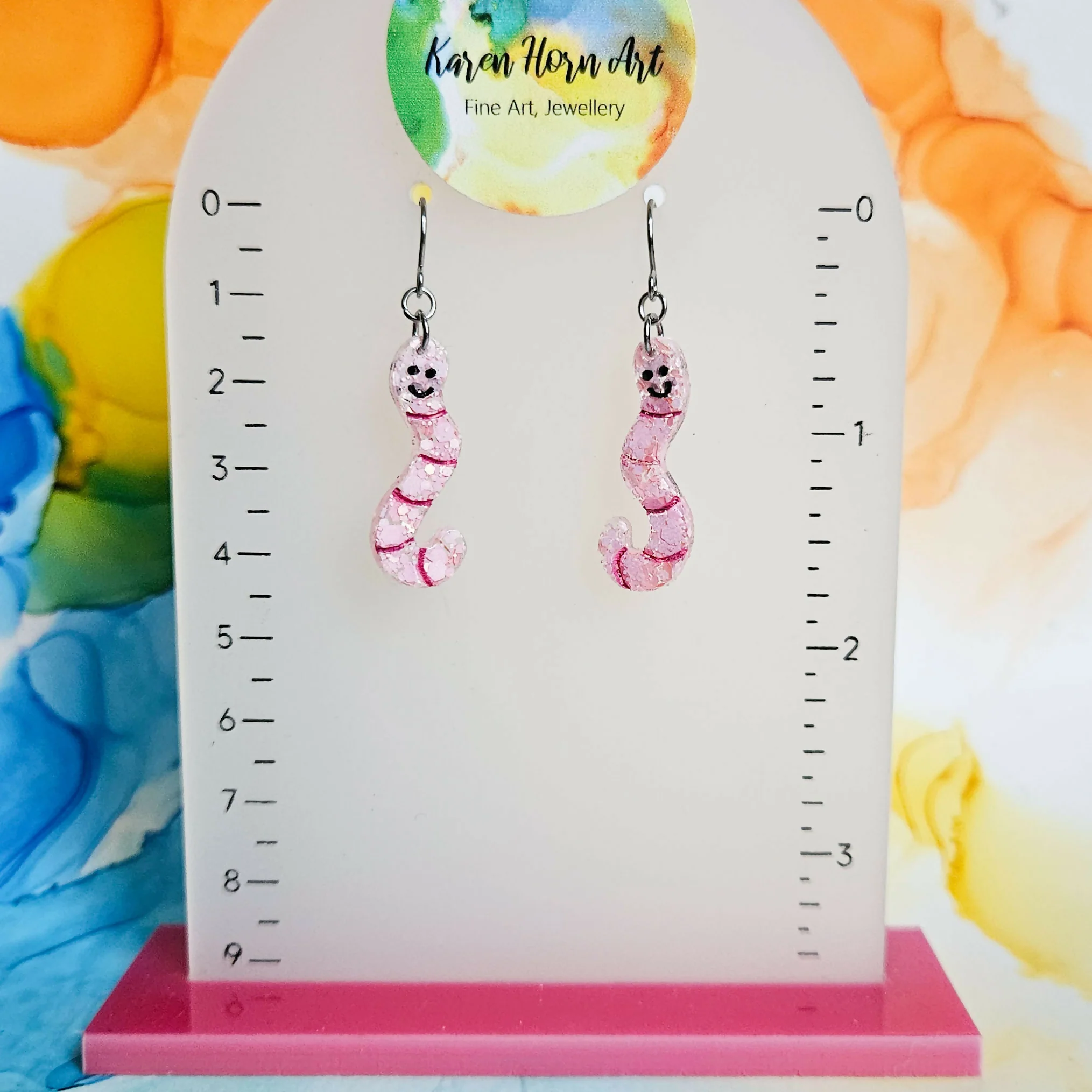 Handmade Pink Glitter Worms Resin Earrings - Image 2