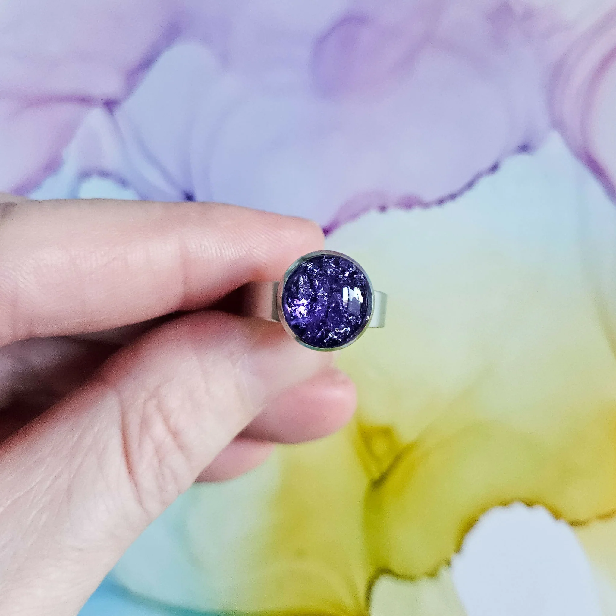 Handmade Purple And Silver Foil Resin And Stainless Steel Adjustable Ring