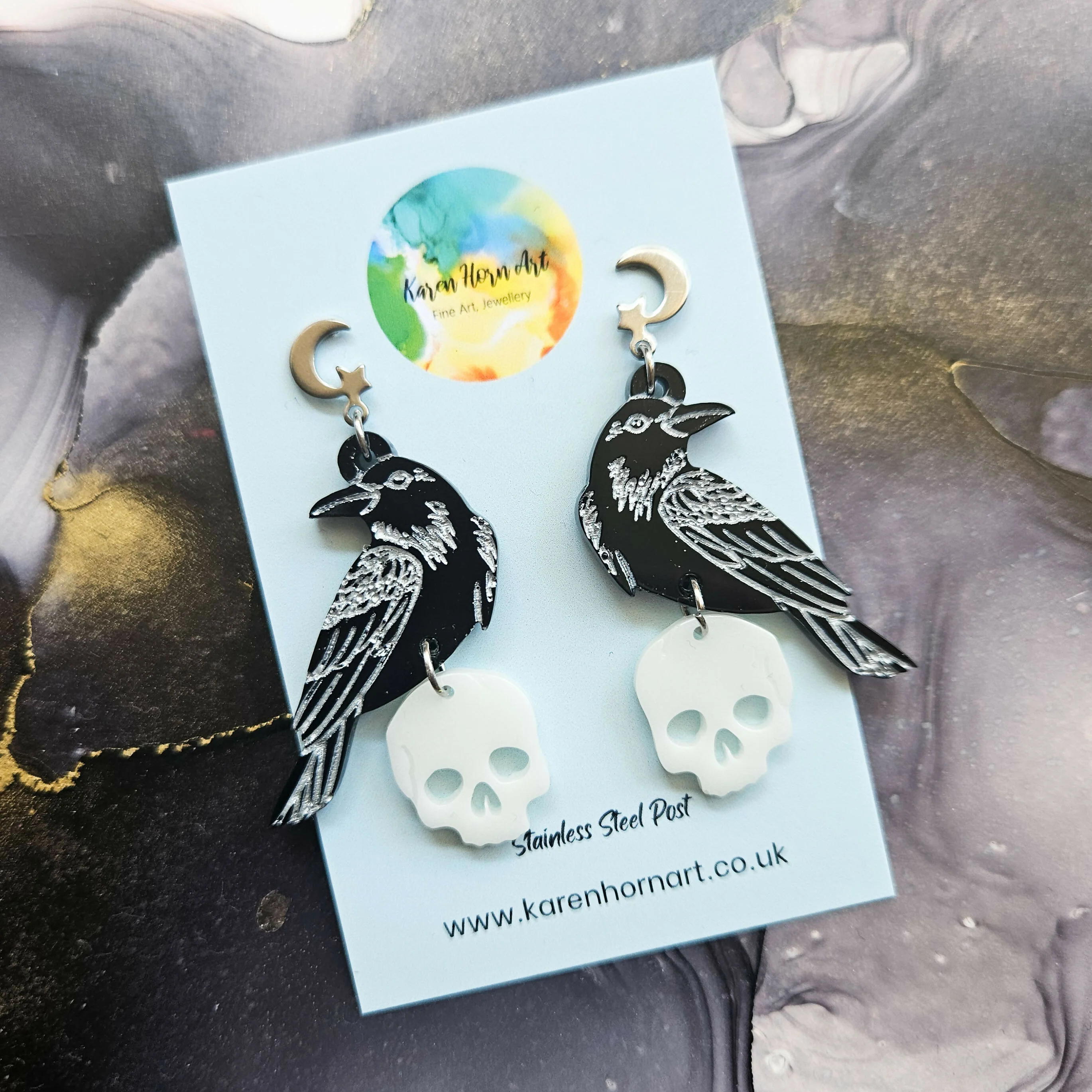 Handmade Ravens And Skull Resin Earrings - Image 2