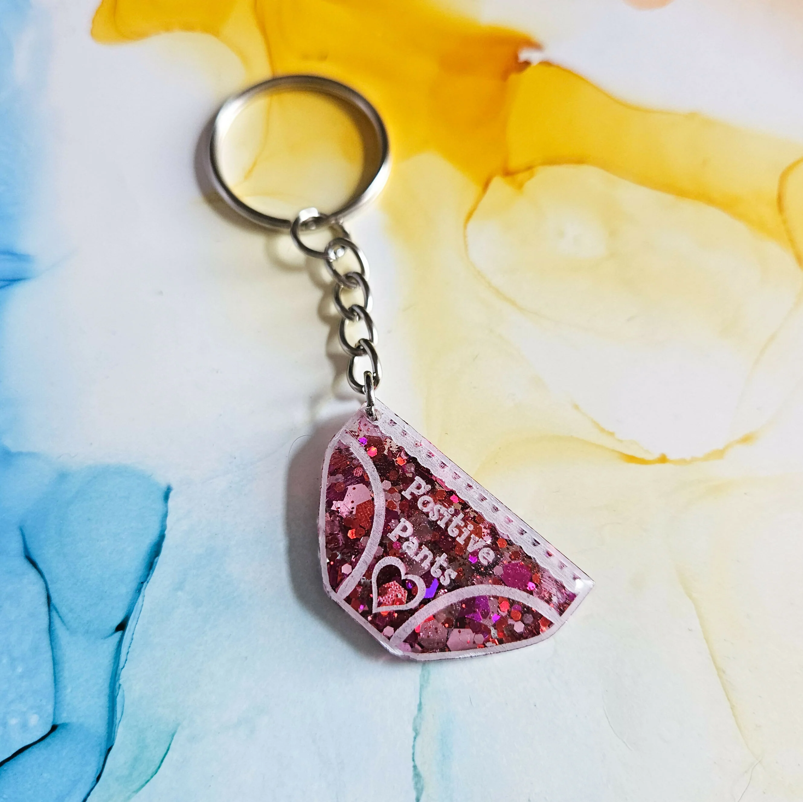 Handmade Red Pink Glitter Resin Positive Pants Keyring - Image 2