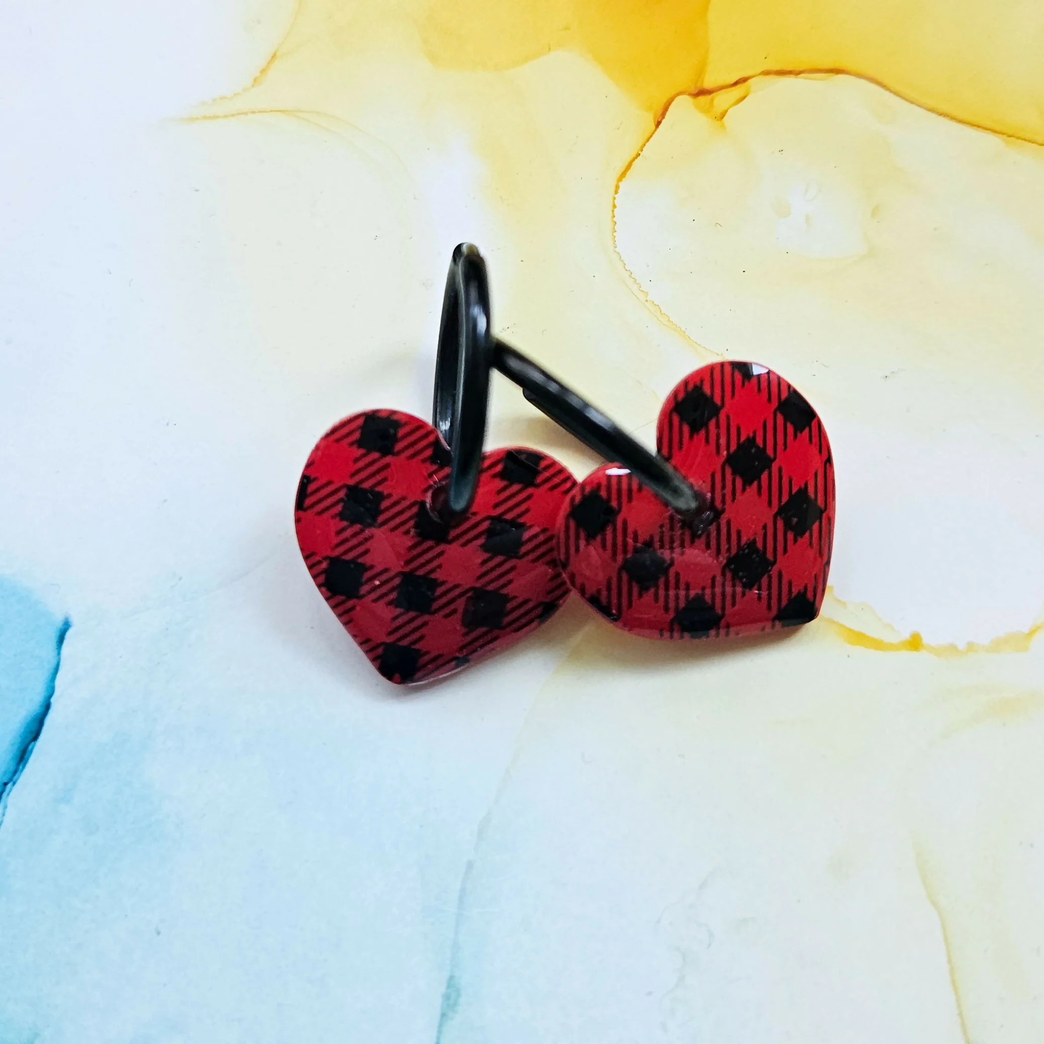 Handmade Red Tartan Or White Black Checked Heart Resin Charms On Black Hoops - Image 3