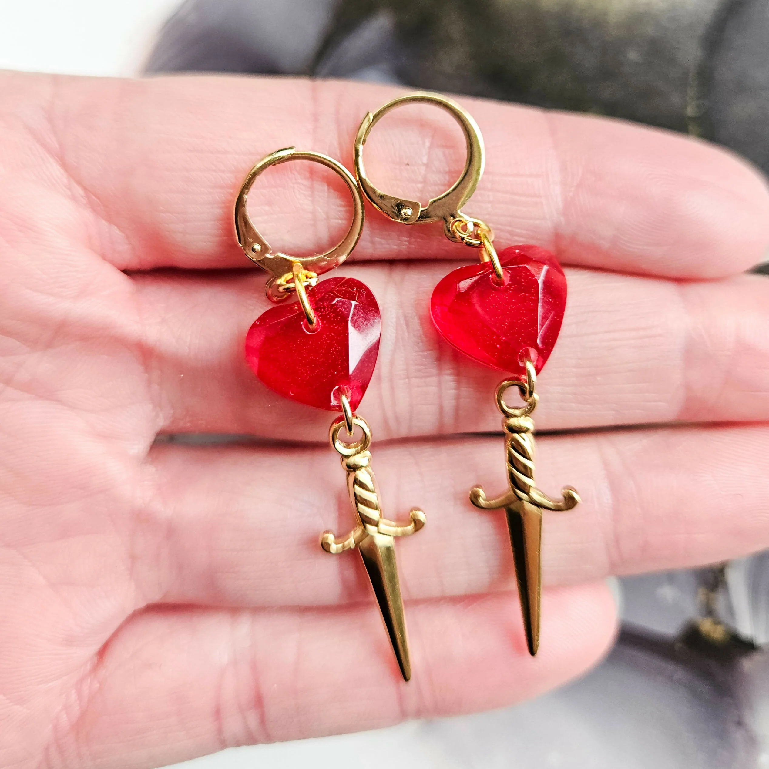 Handmade Resin Red Heart and Golden Dagger Charms On Huggie Hoops - Image 2