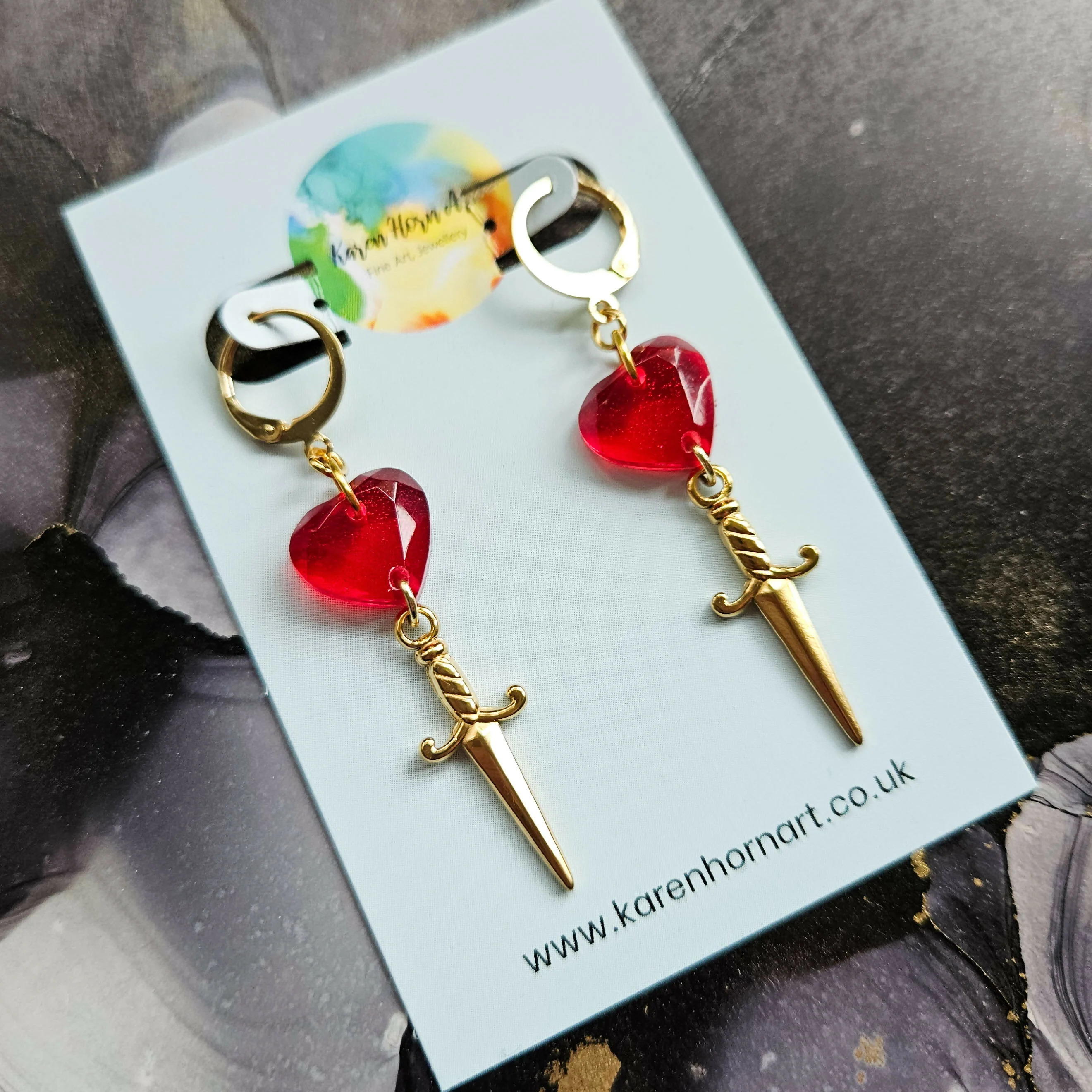 Handmade Resin Red Heart and Golden Dagger Charms On Huggie Hoops - Image 3