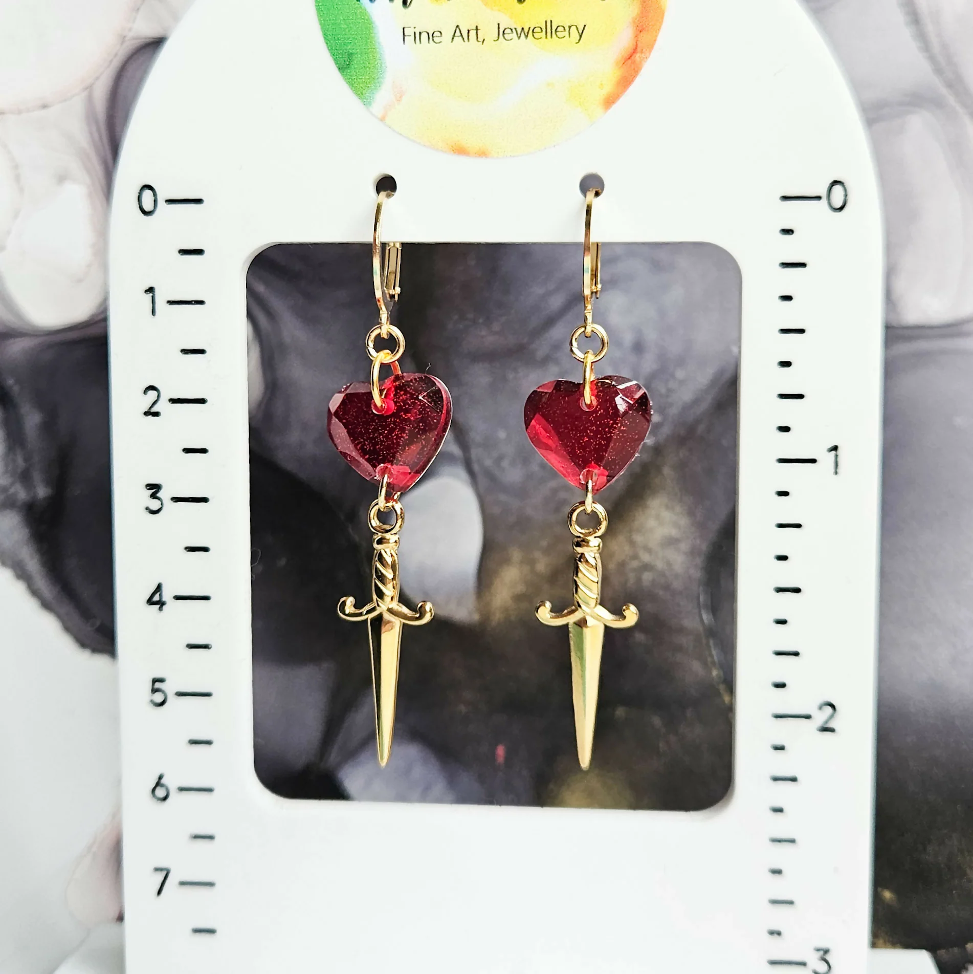 Handmade Resin Red Heart and Golden Dagger Charms On Huggie Hoops - Image 4