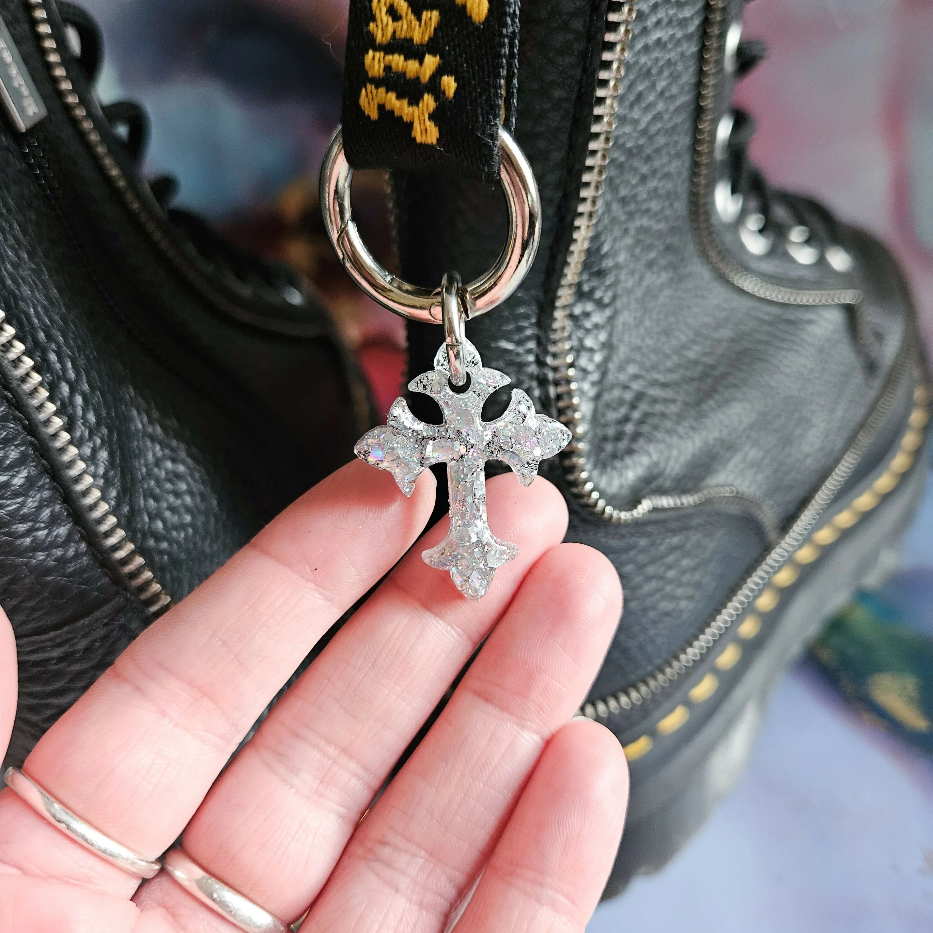 Handmade Resin Silver Glitter Cross Boot Charms - Image 2