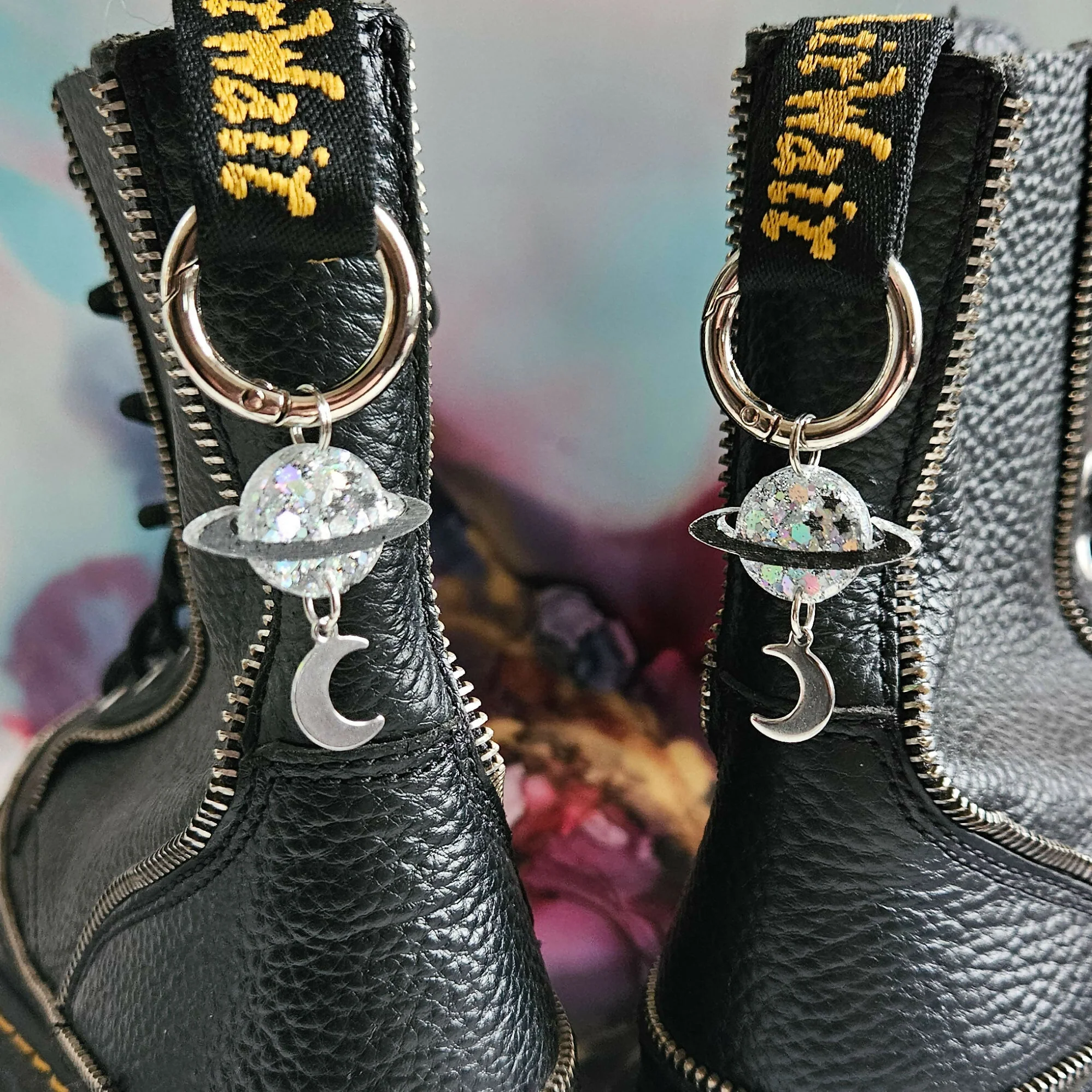 Handmade Resin Silver Glitter Planet And Moon Boot Charms