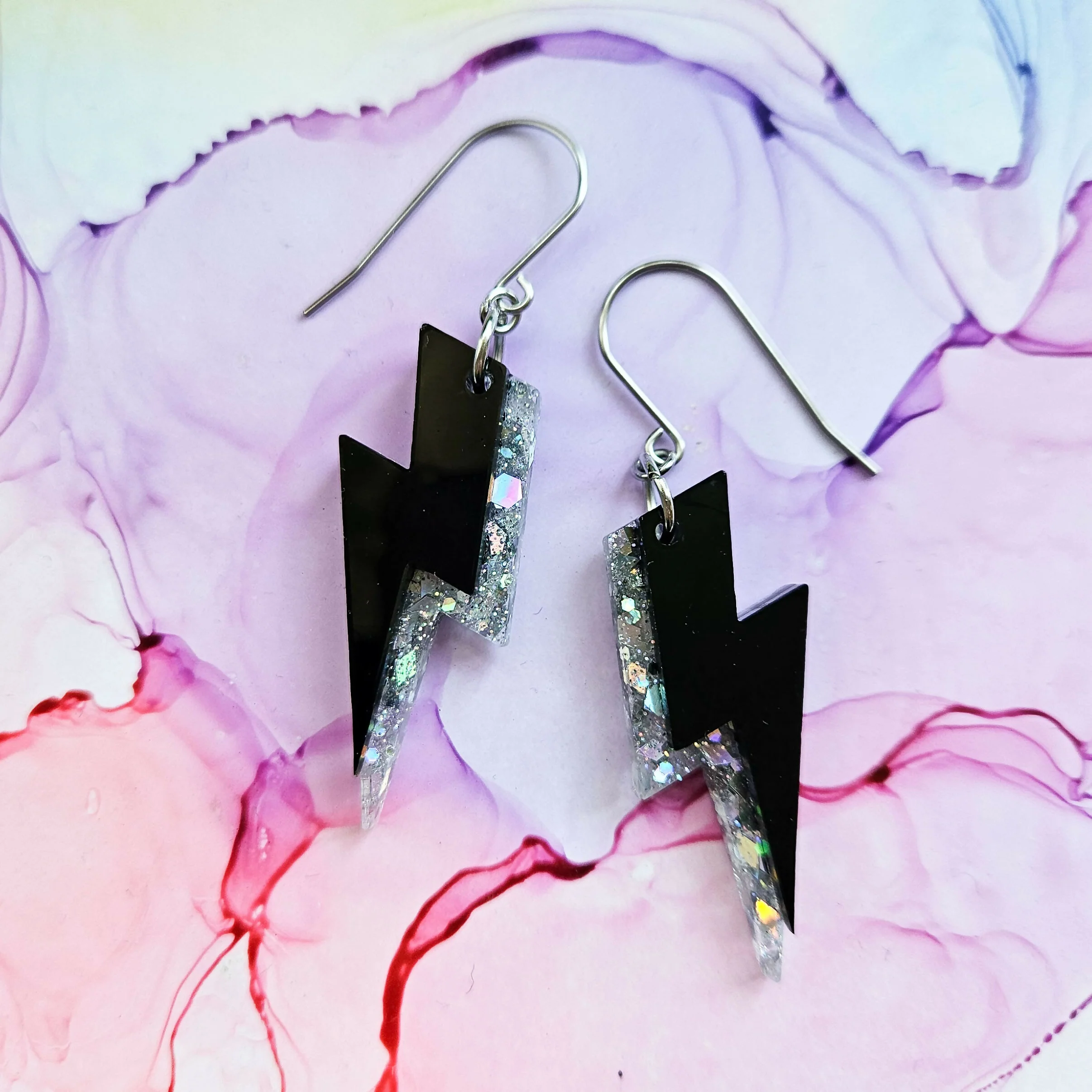 Handmade Silver And Black Lightening Bolts Resin Earrings