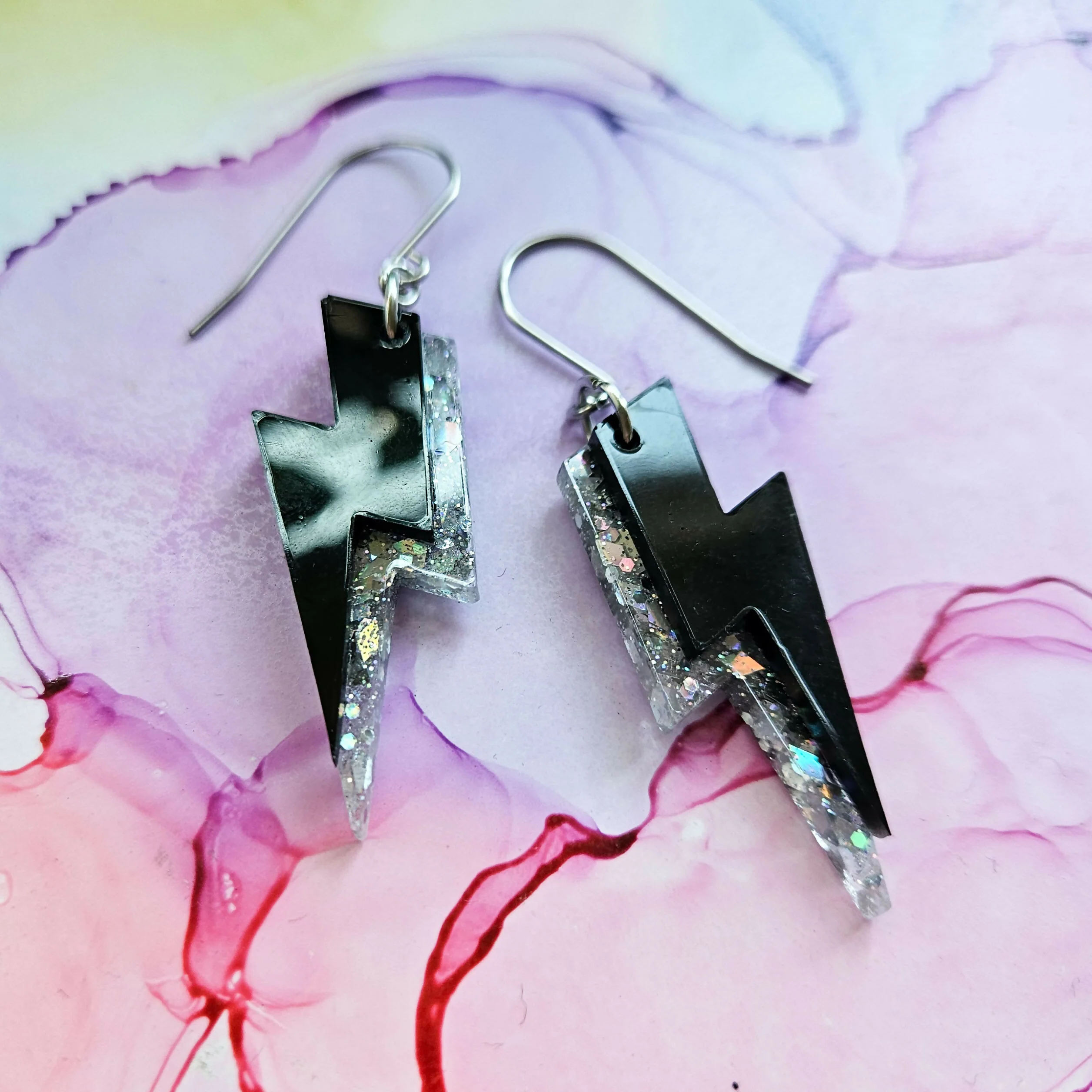 Handmade Silver And Black Lightening Bolts Resin Earrings - Image 2