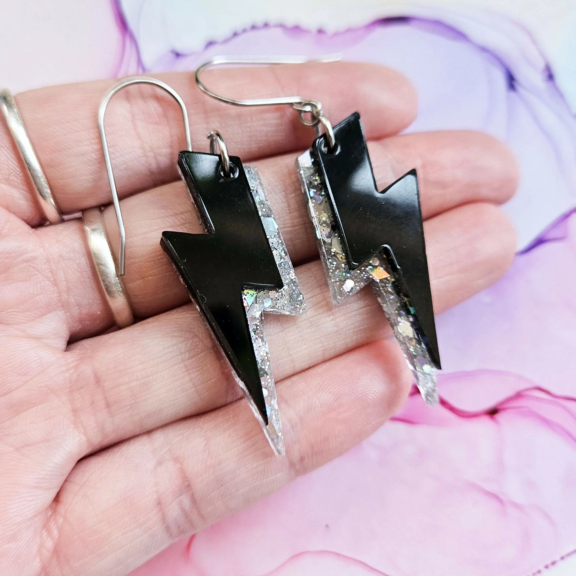 Handmade Silver And Black Lightening Bolts Resin Earrings - Image 3