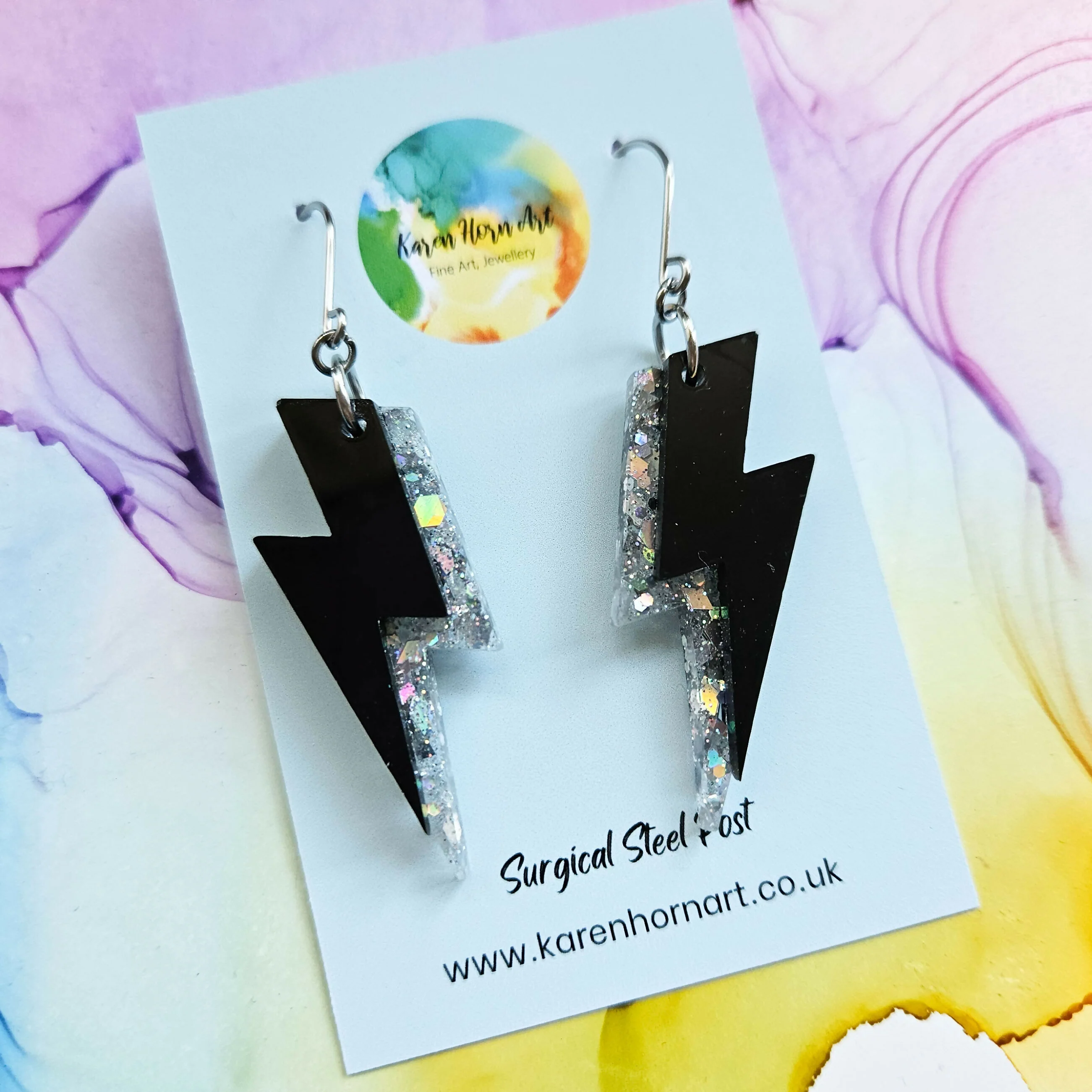 Handmade Silver And Black Lightening Bolts Resin Earrings - Image 4