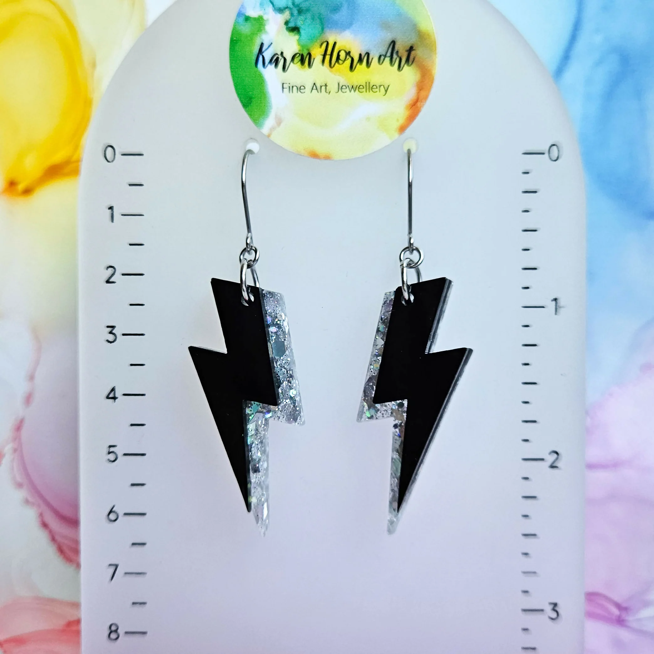 Handmade Silver And Black Lightening Bolts Resin Earrings - Image 5