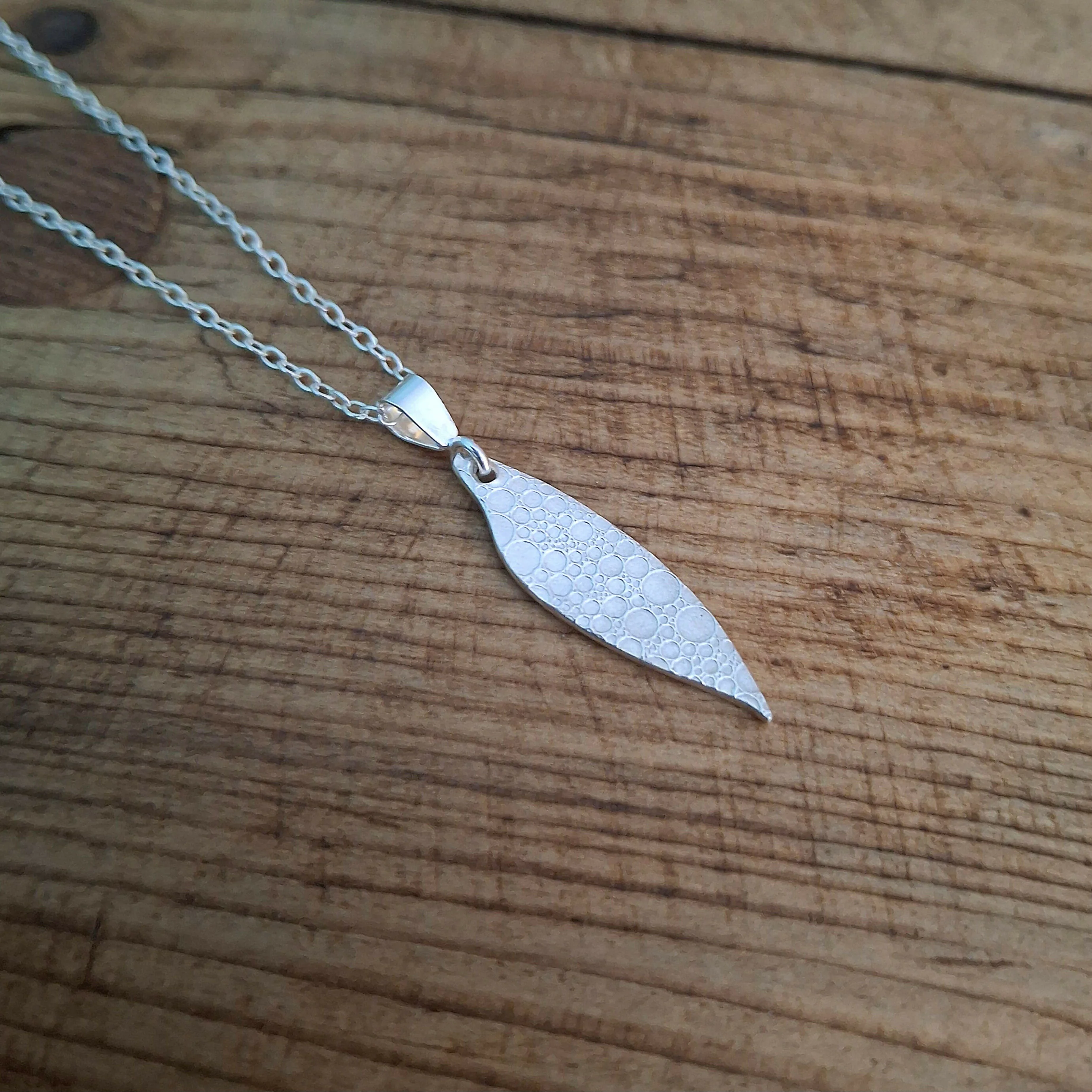 Handmade Silver Drop Leaf Necklace Bubble Texture - Image 2