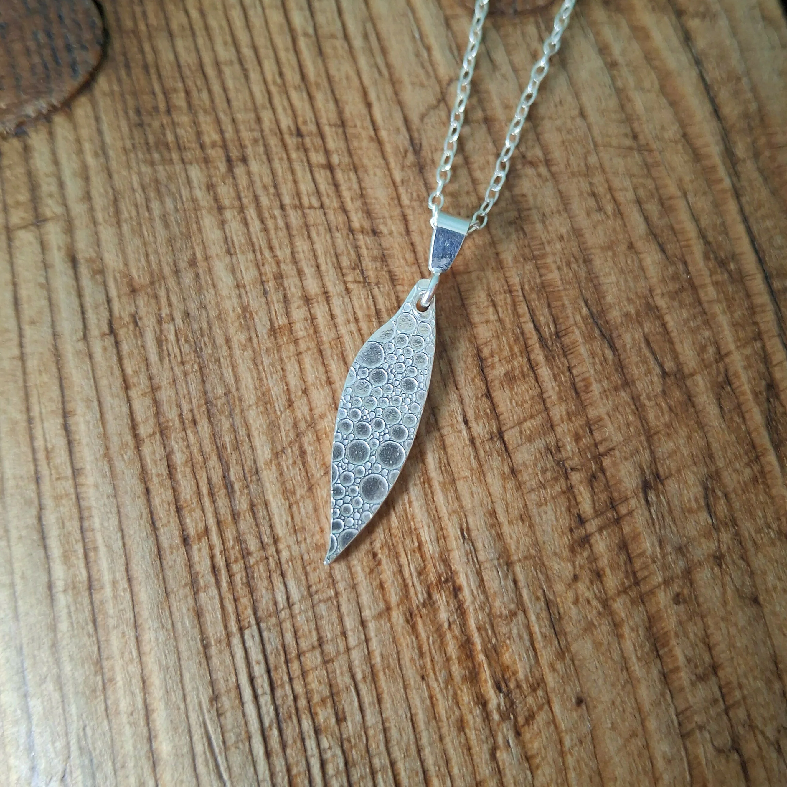 Handmade Silver Drop Leaf Necklace Bubble Texture - Image 3