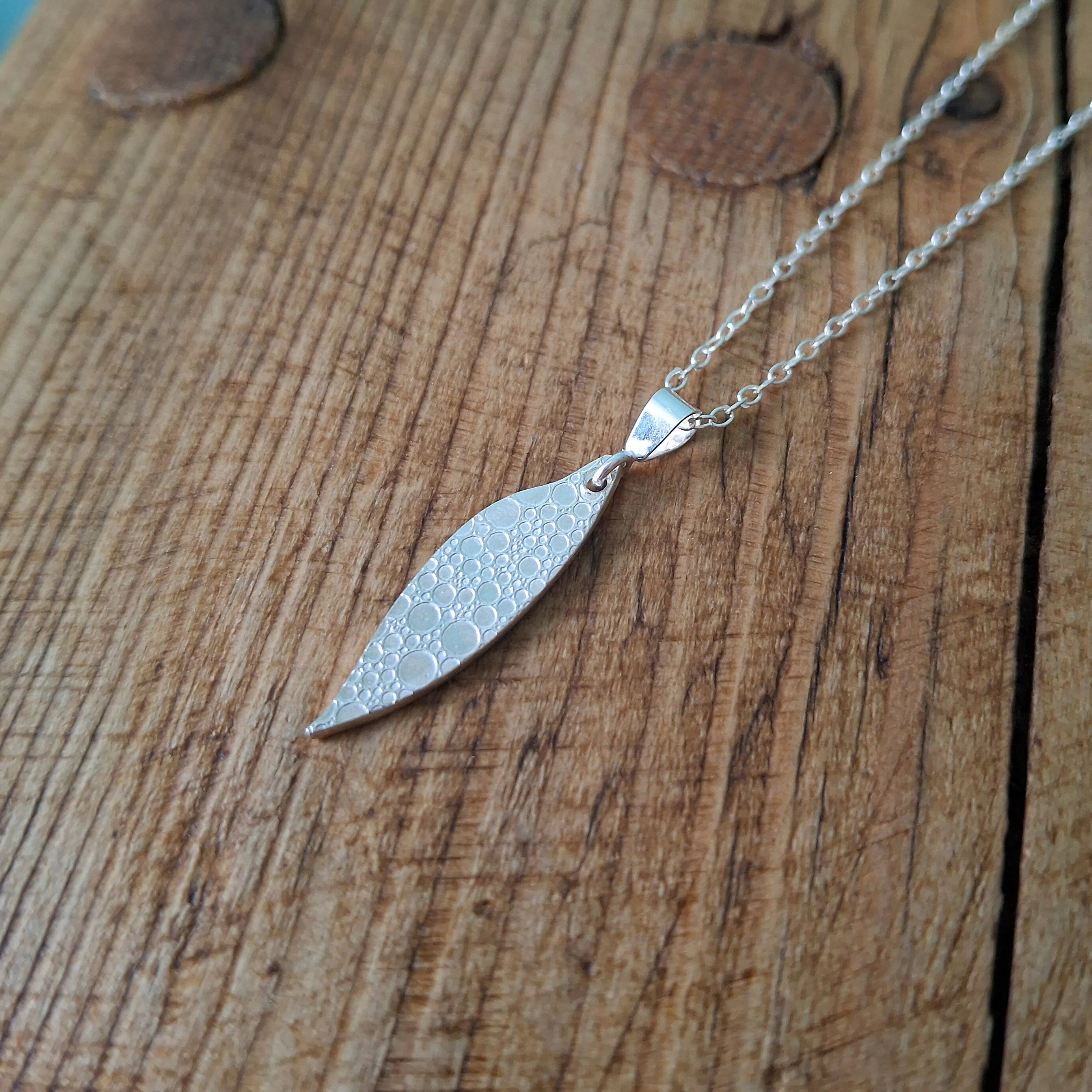 Handmade Silver Drop Leaf Necklace Bubble Texture - Image 4