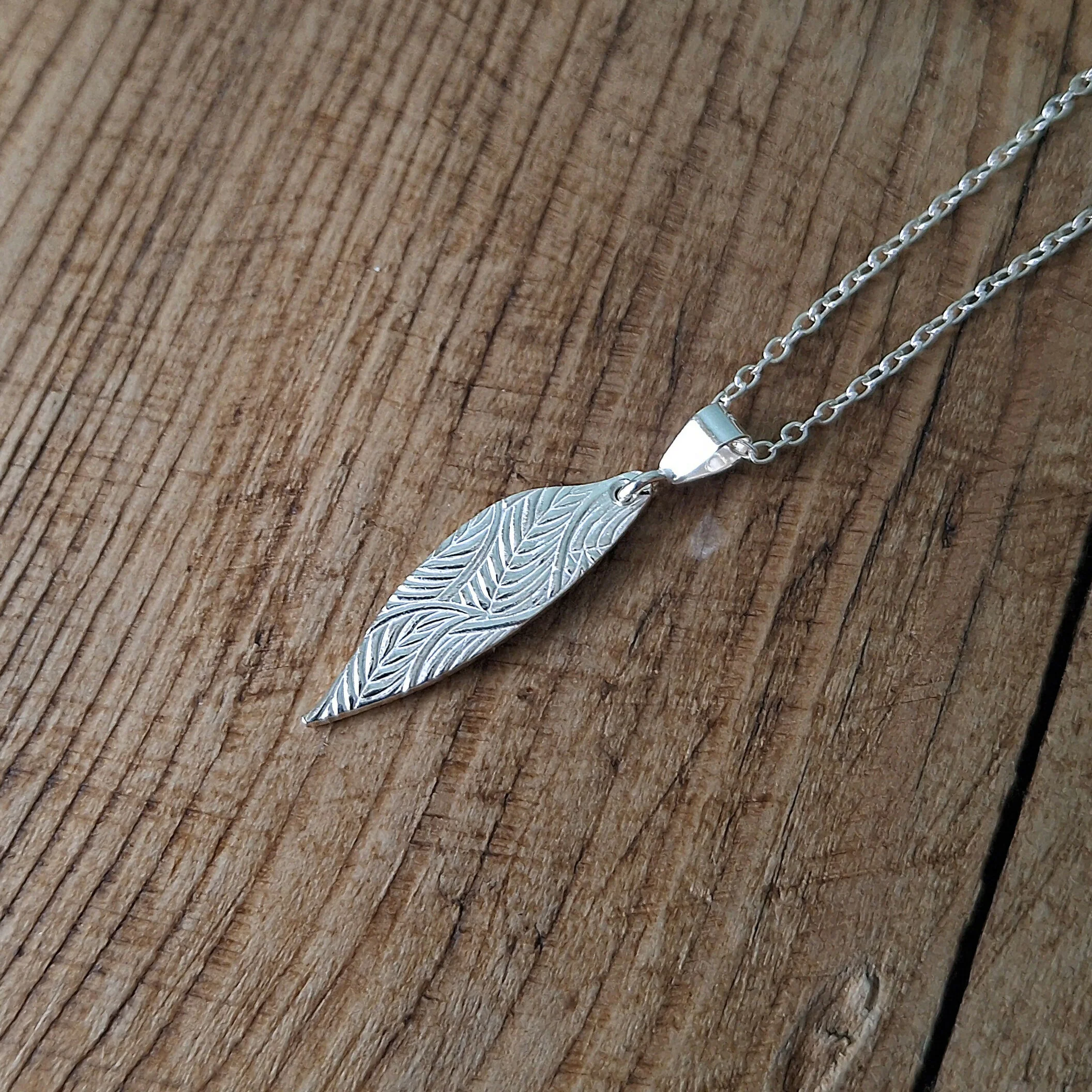 Handmade Silver Drop Leaf Necklace Leafy Texture