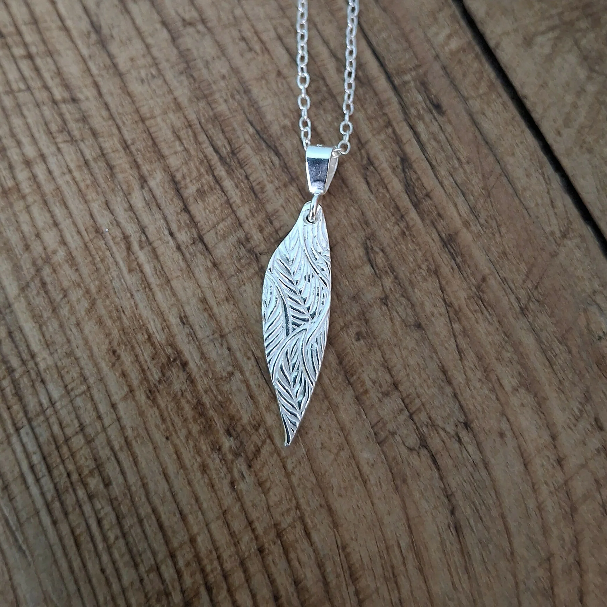 Handmade Silver Drop Leaf Necklace Leafy Texture - Image 2