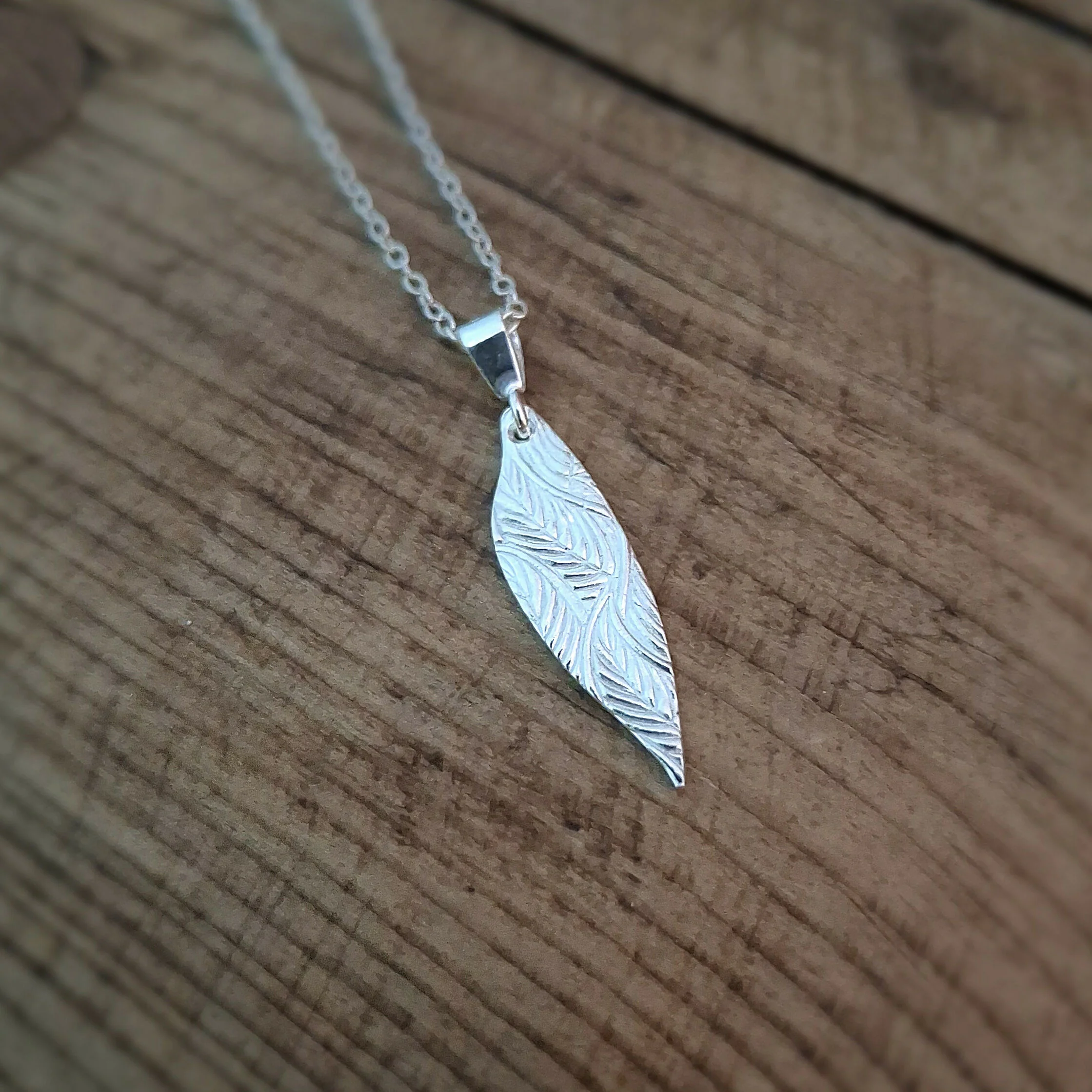 Handmade Silver Drop Leaf Necklace Leafy Texture - Image 3