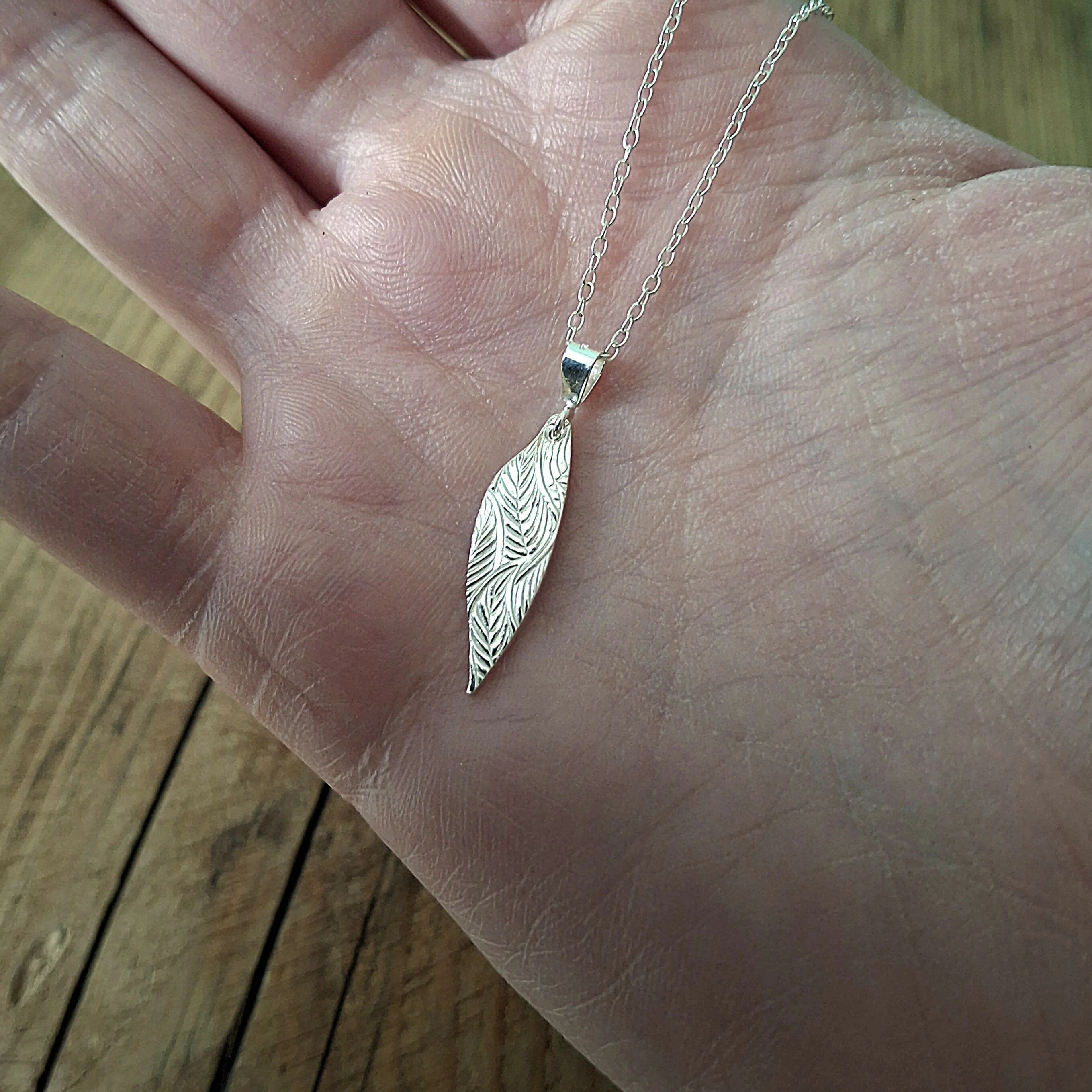 Handmade Silver Drop Leaf Necklace Leafy Texture - Image 4