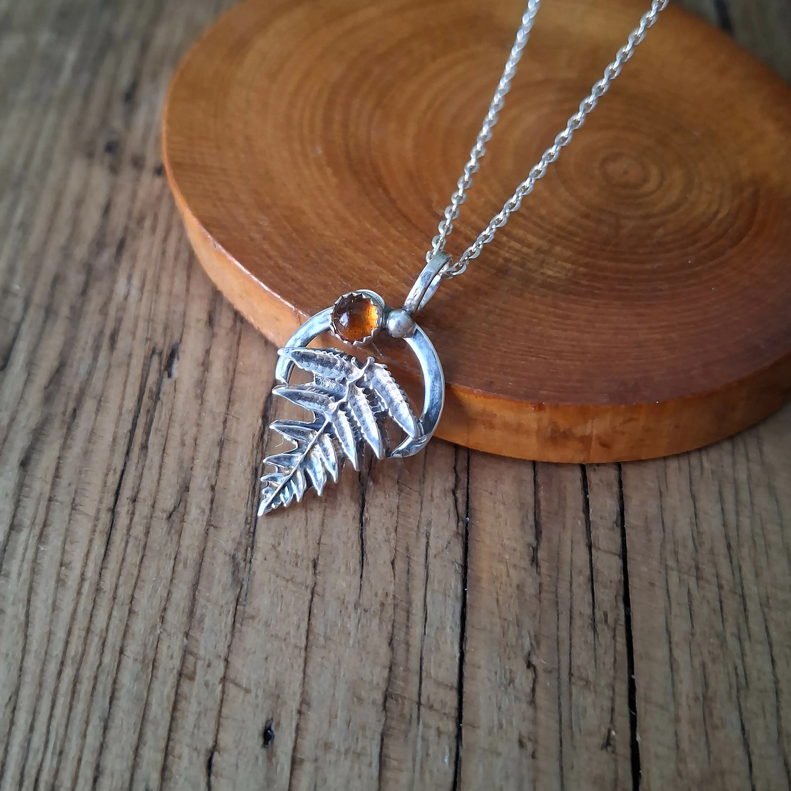 Handmade Silver Fern Leaf Necklace Amber - Image 2