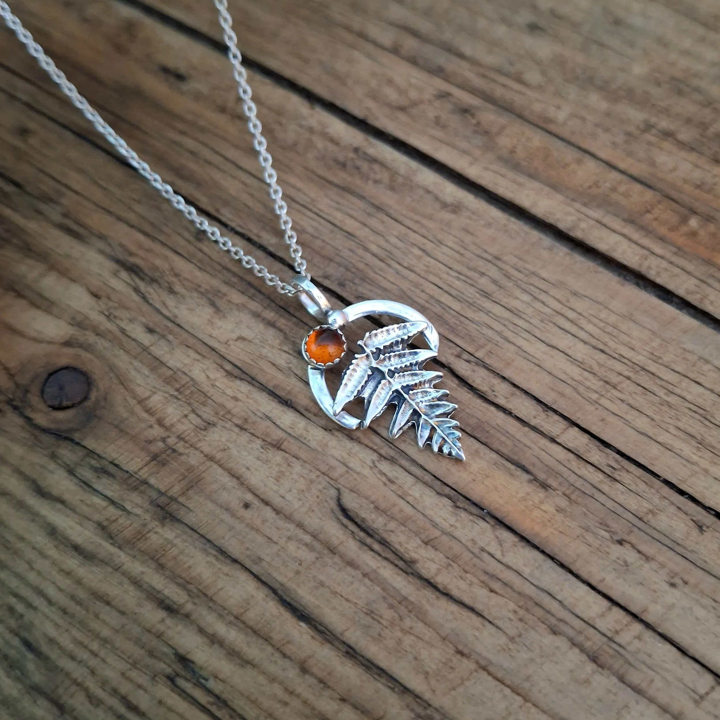 Handmade Silver Fern Leaf Necklace Amber - Image 3