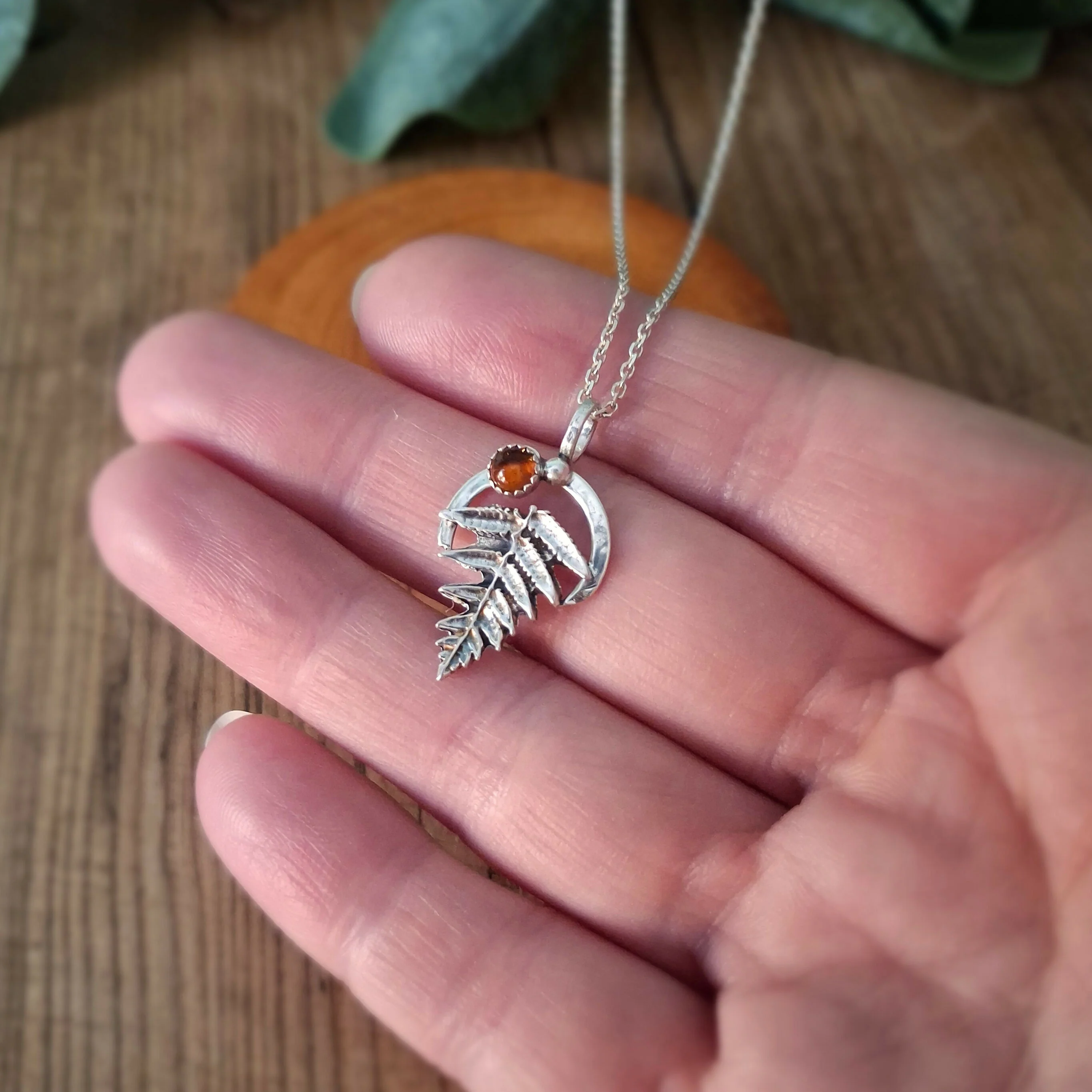Handmade Silver Fern Leaf Necklace Amber - Image 4