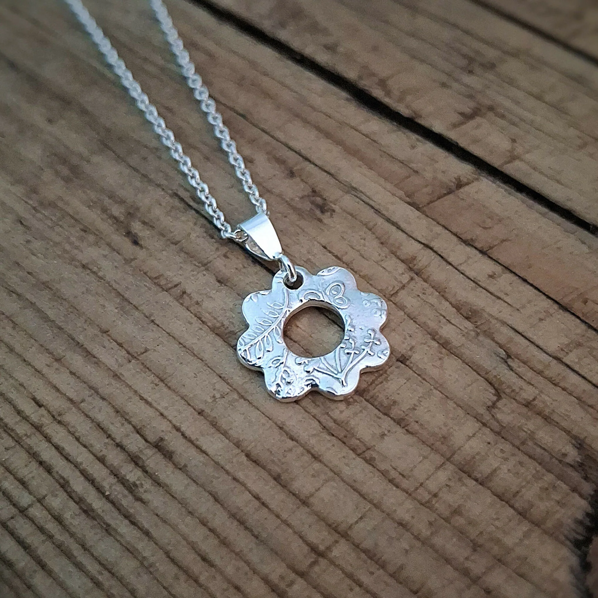 Handmade Silver Flower Charm Necklace Botanical Texture - Image 2