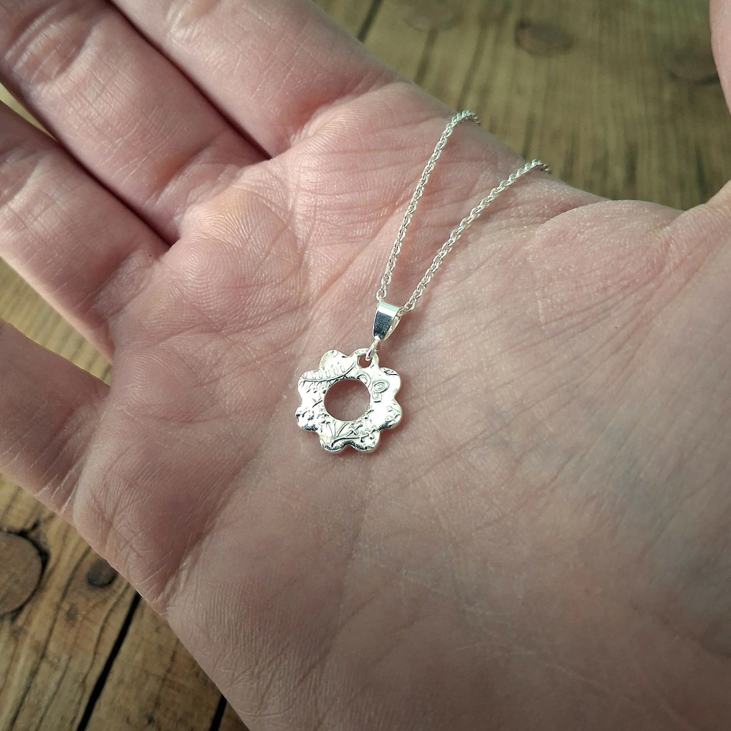 Handmade Silver Flower Charm Necklace Botanical Texture - Image 3