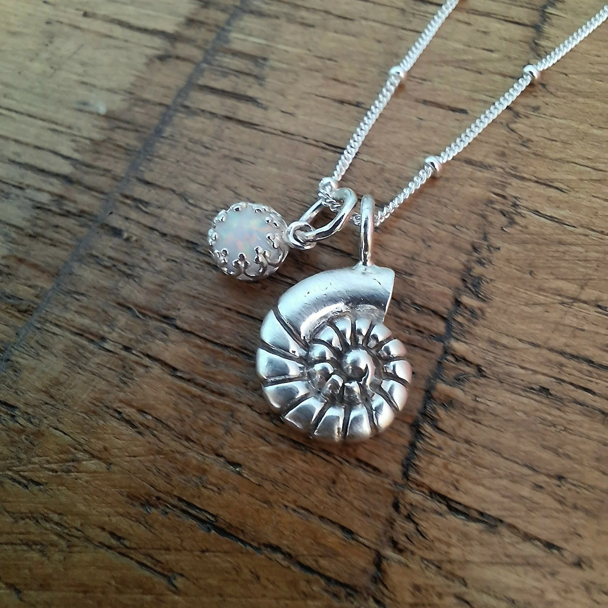 Handmade Silver Fossil Charm Necklace with Opal