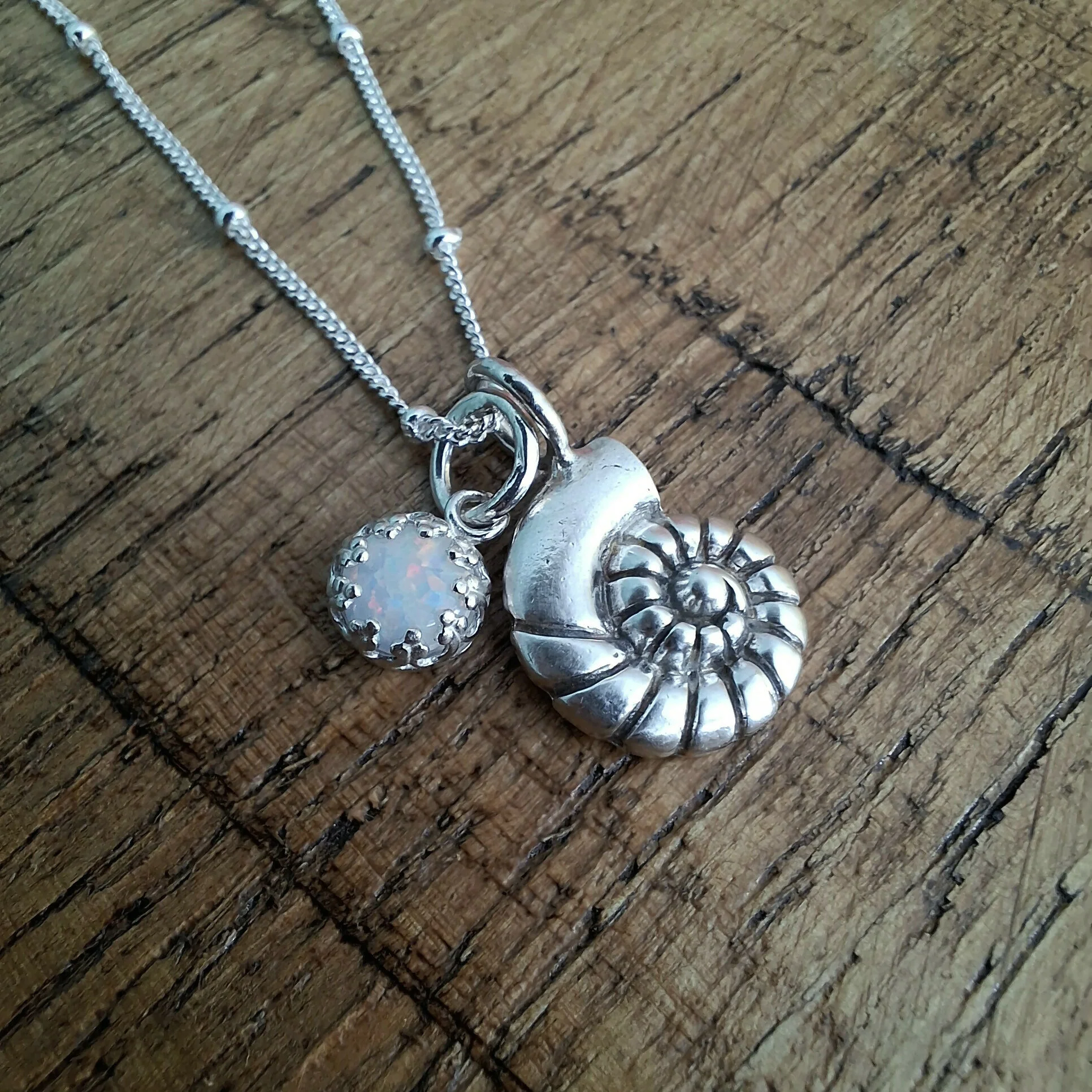 Handmade Silver Fossil Charm Necklace with Opal - Image 2