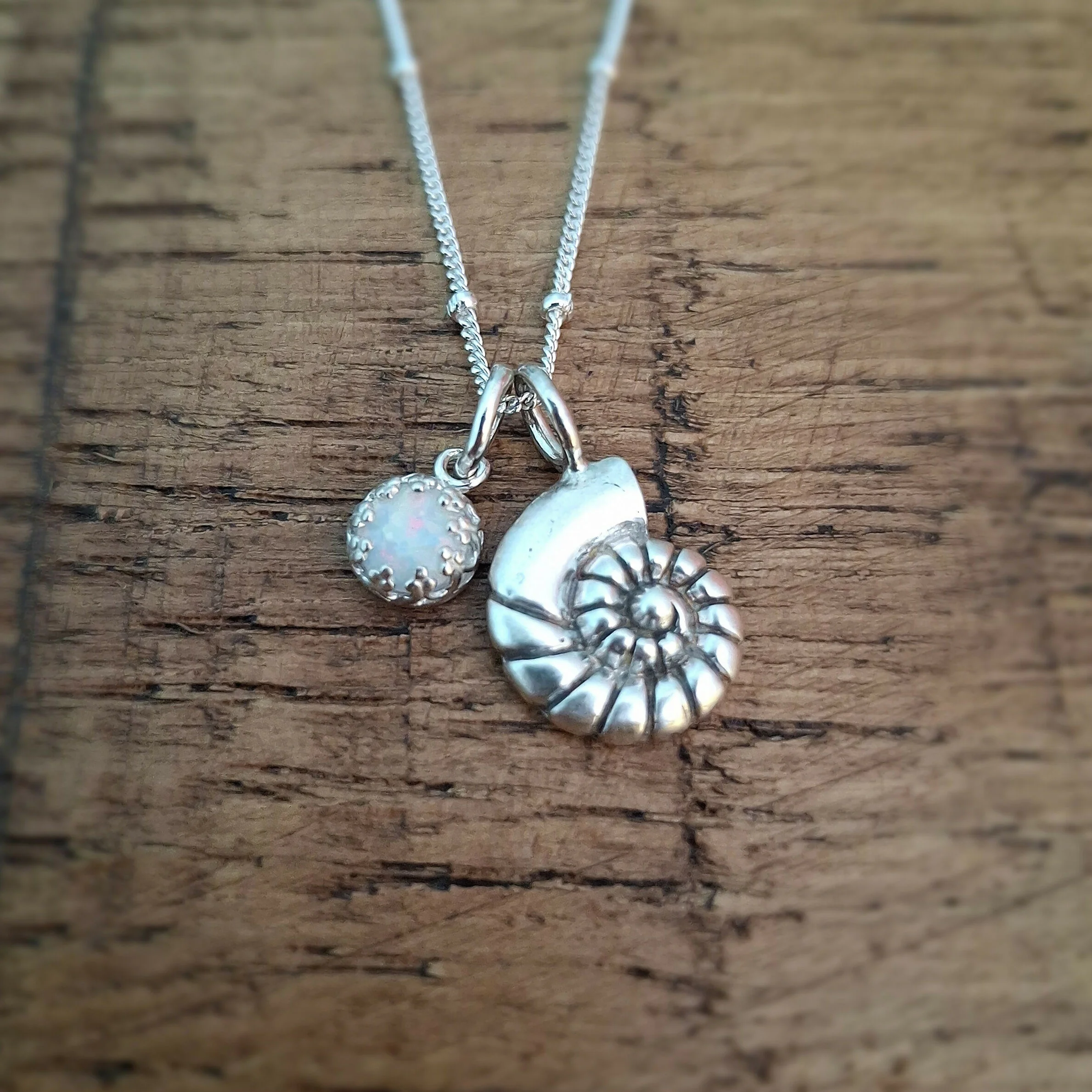 Handmade Silver Fossil Charm Necklace with Opal - Image 3