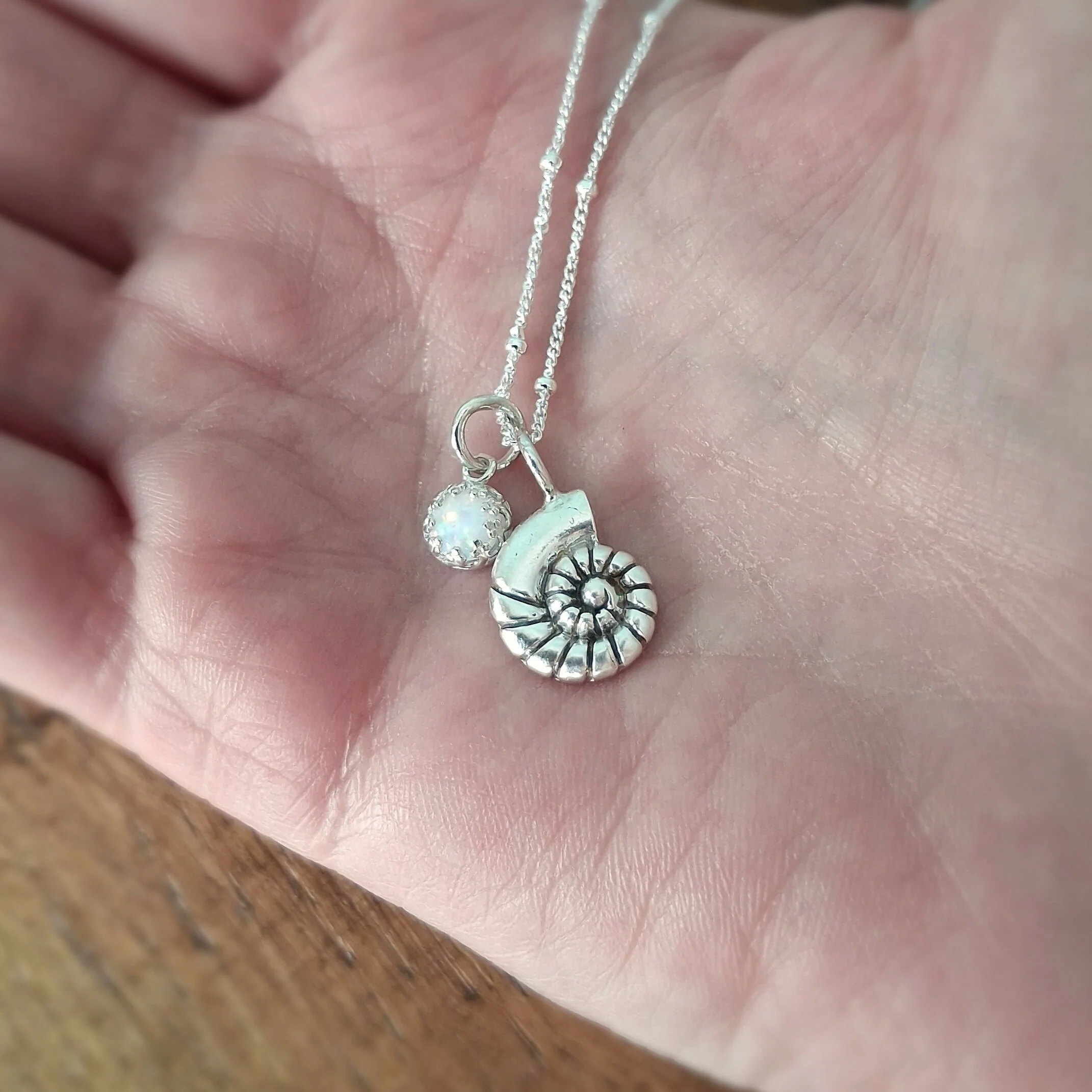 Handmade Silver Fossil Charm Necklace with Opal - Image 4