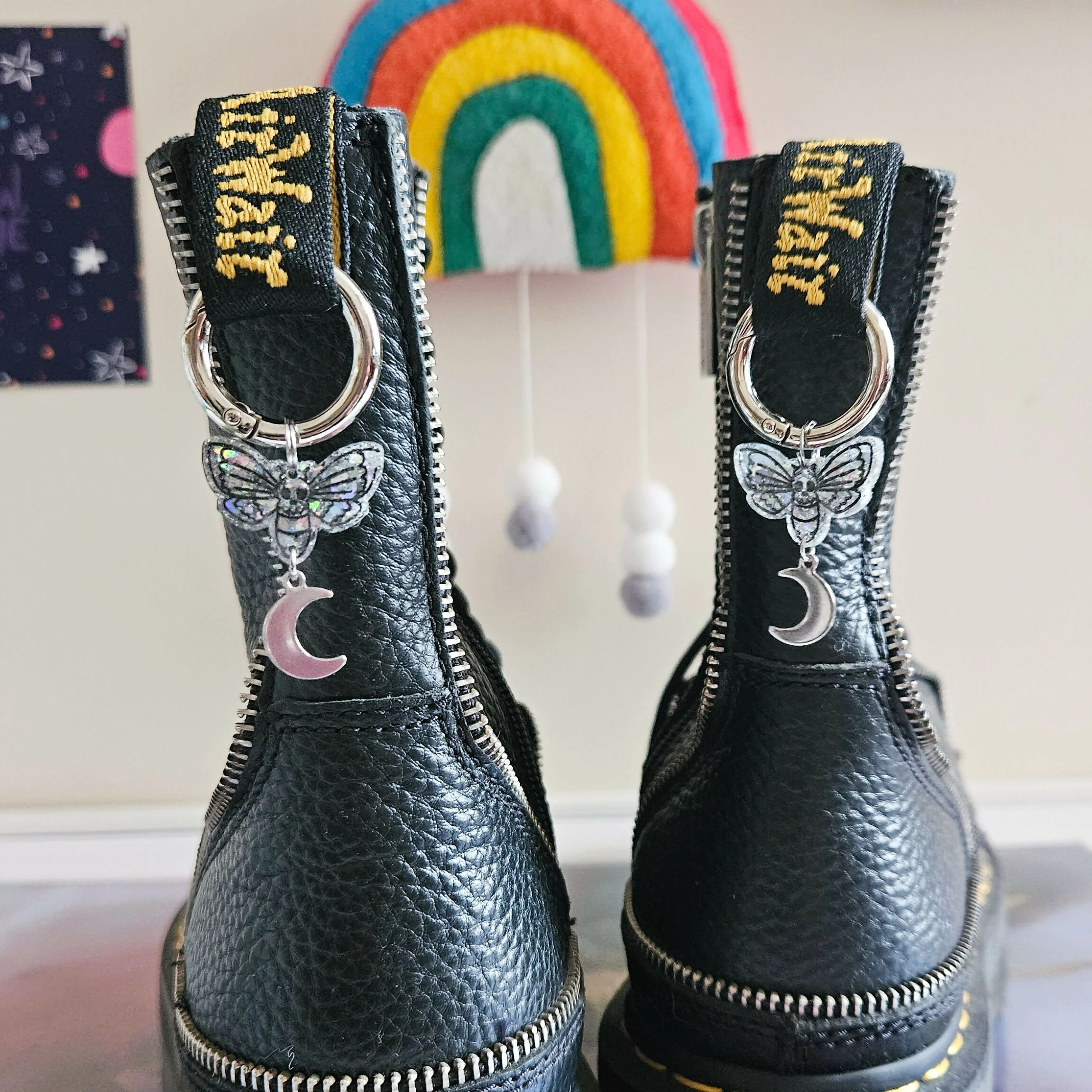 Handmade Silver Glitter Moth And Moon Boot Charms