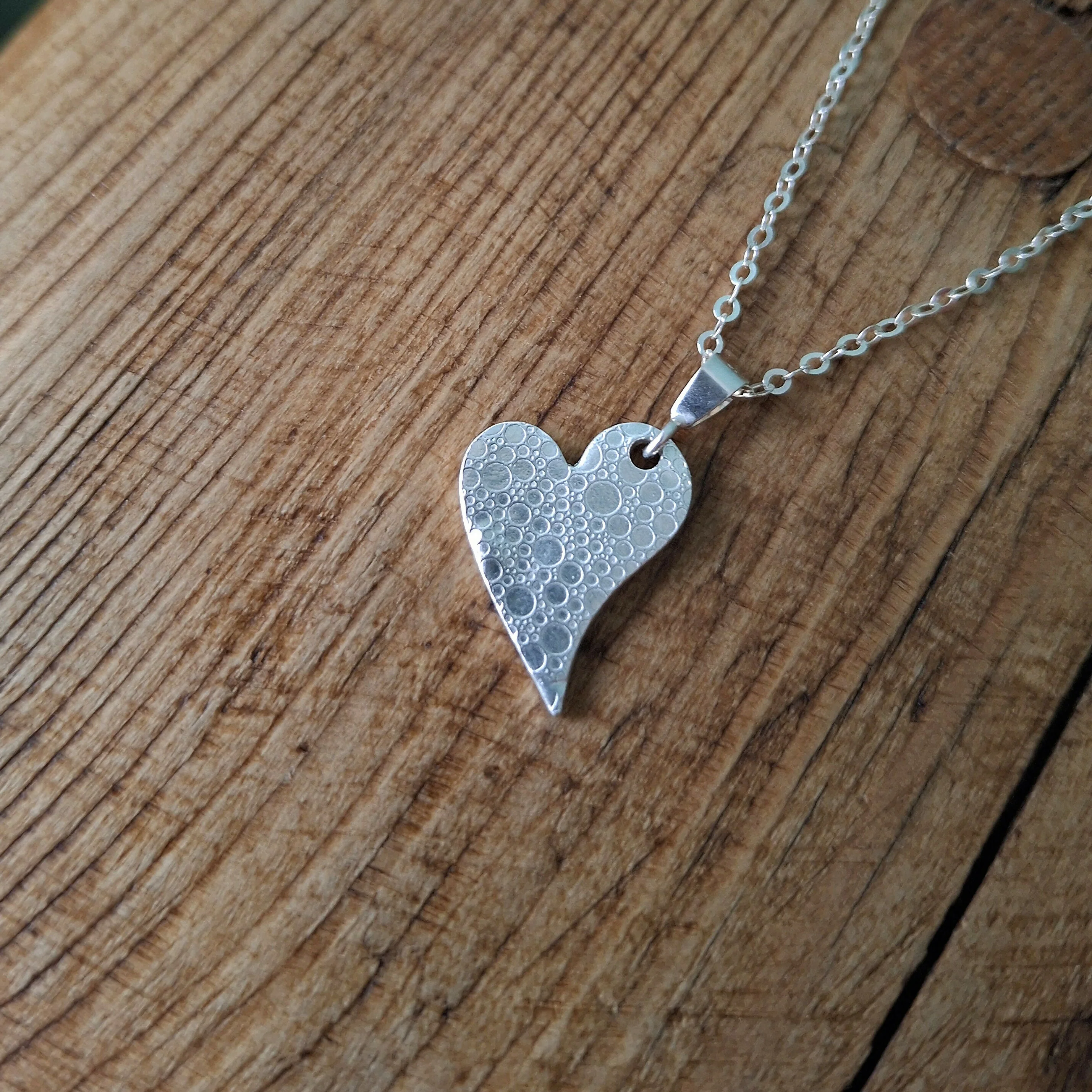 Handmade Silver Heart Necklace Bubble Texture - Image 3