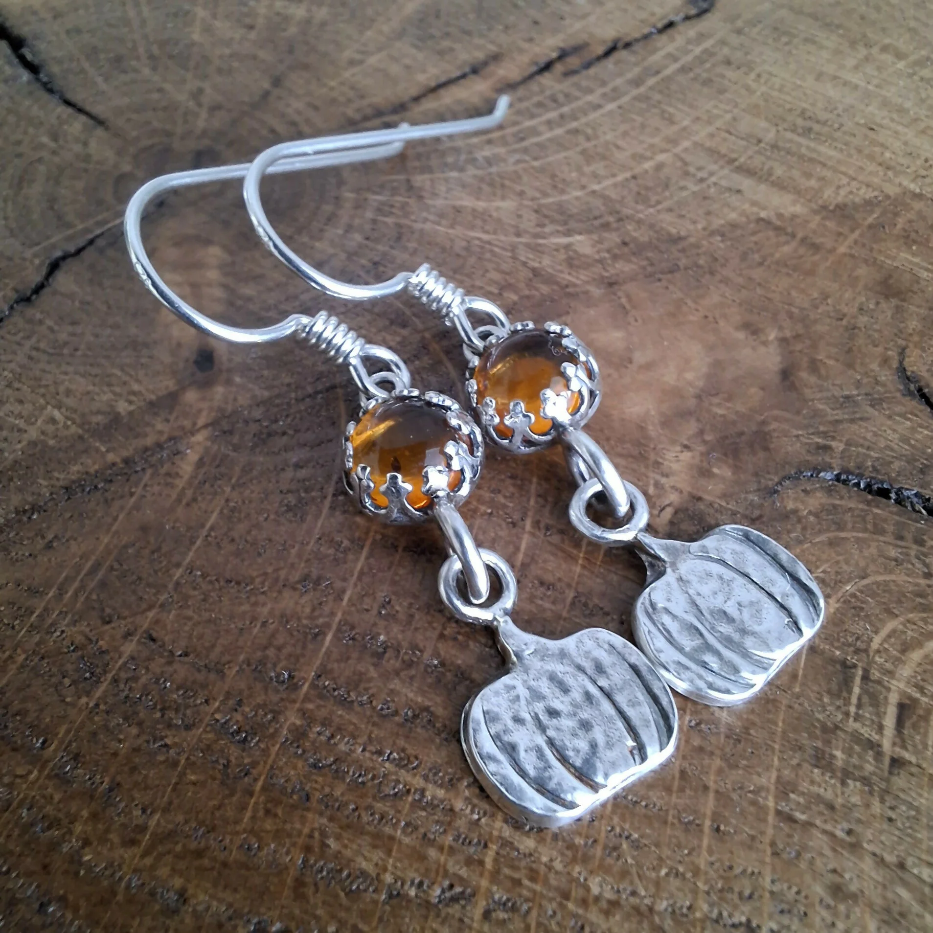 Handmade Silver Pumpkin Earrings With Amber - Image 2