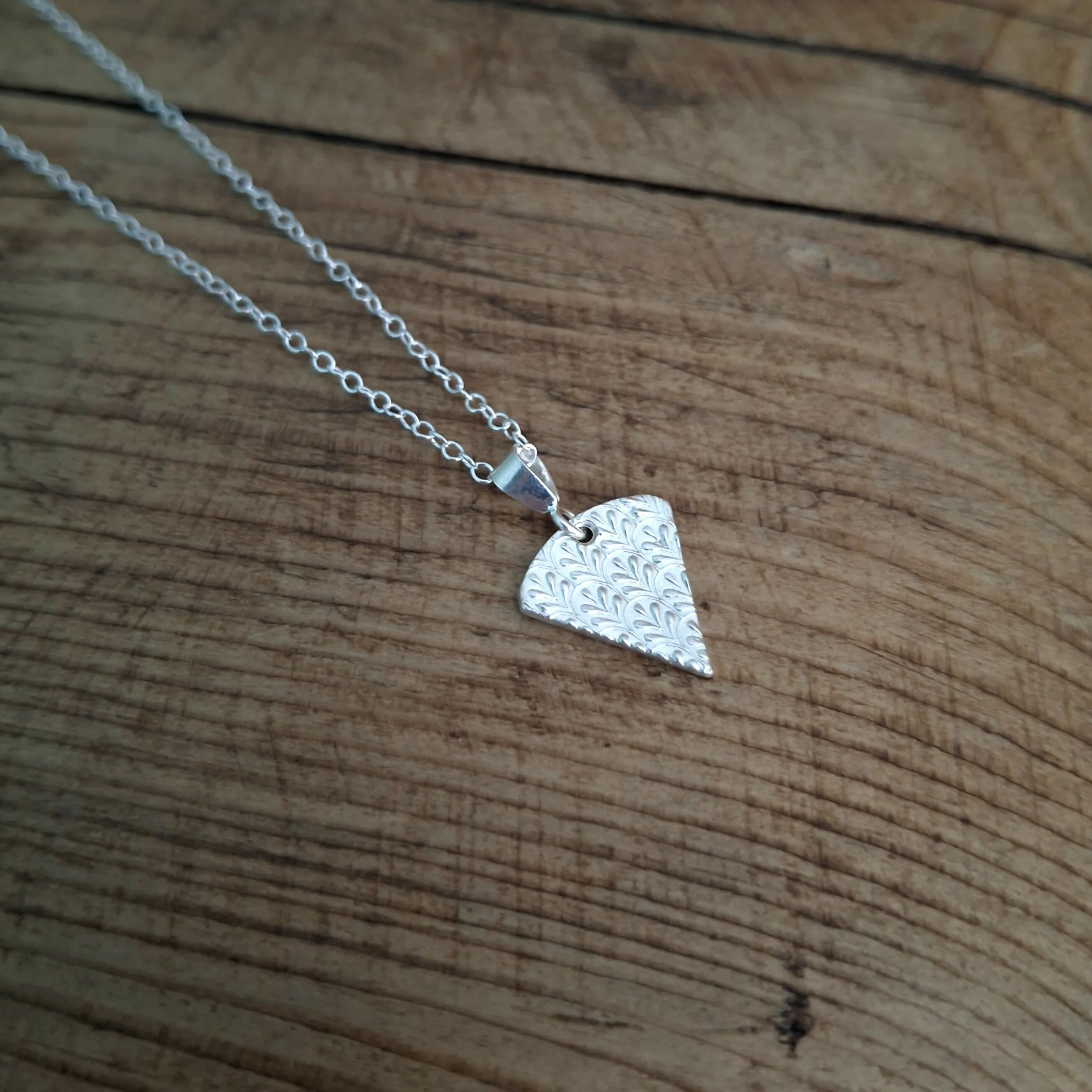 Handmade Silver Triangle Charm Necklace Fancy Leaf Texture - Image 2