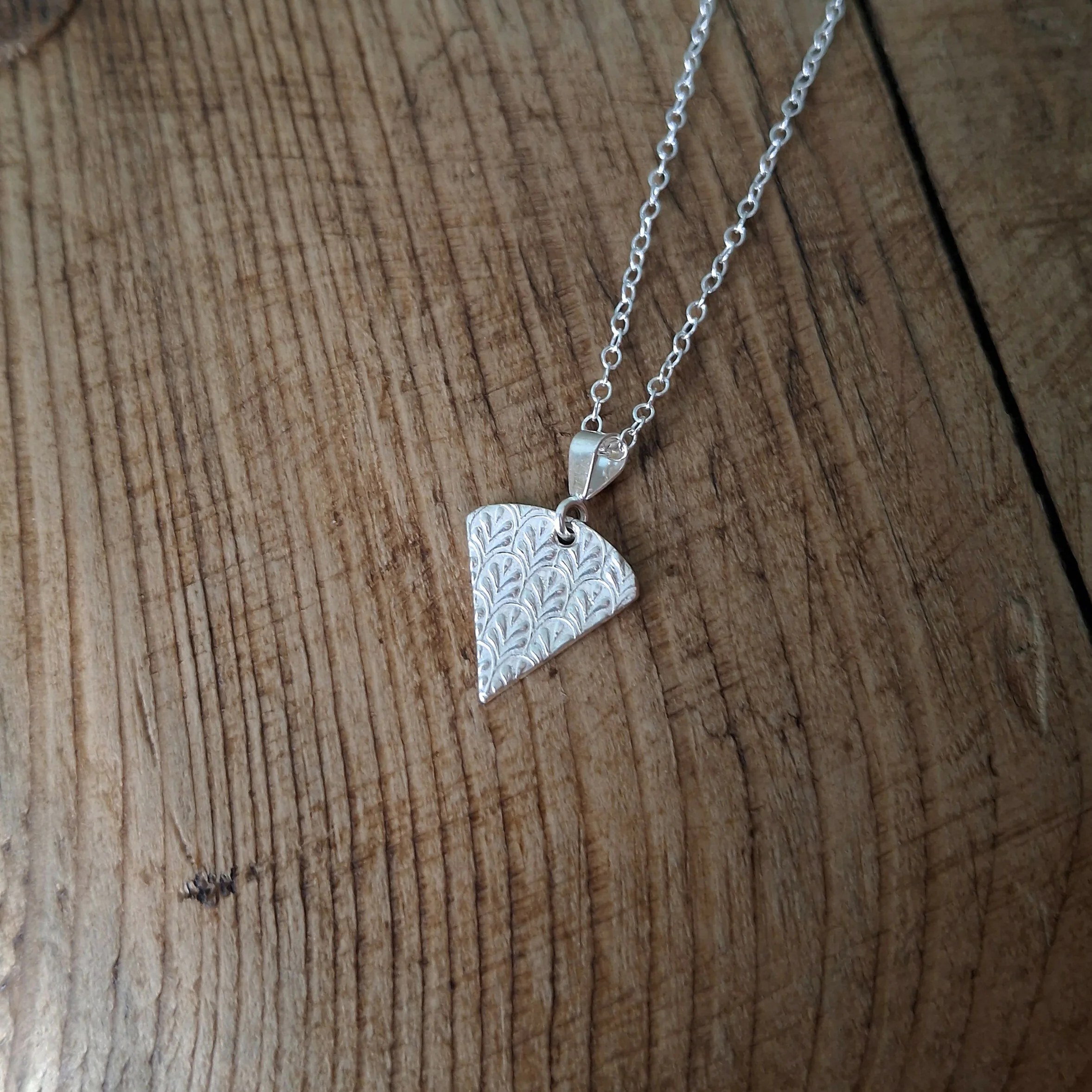 Handmade Silver Triangle Charm Necklace Fancy Leaf Texture - Image 3