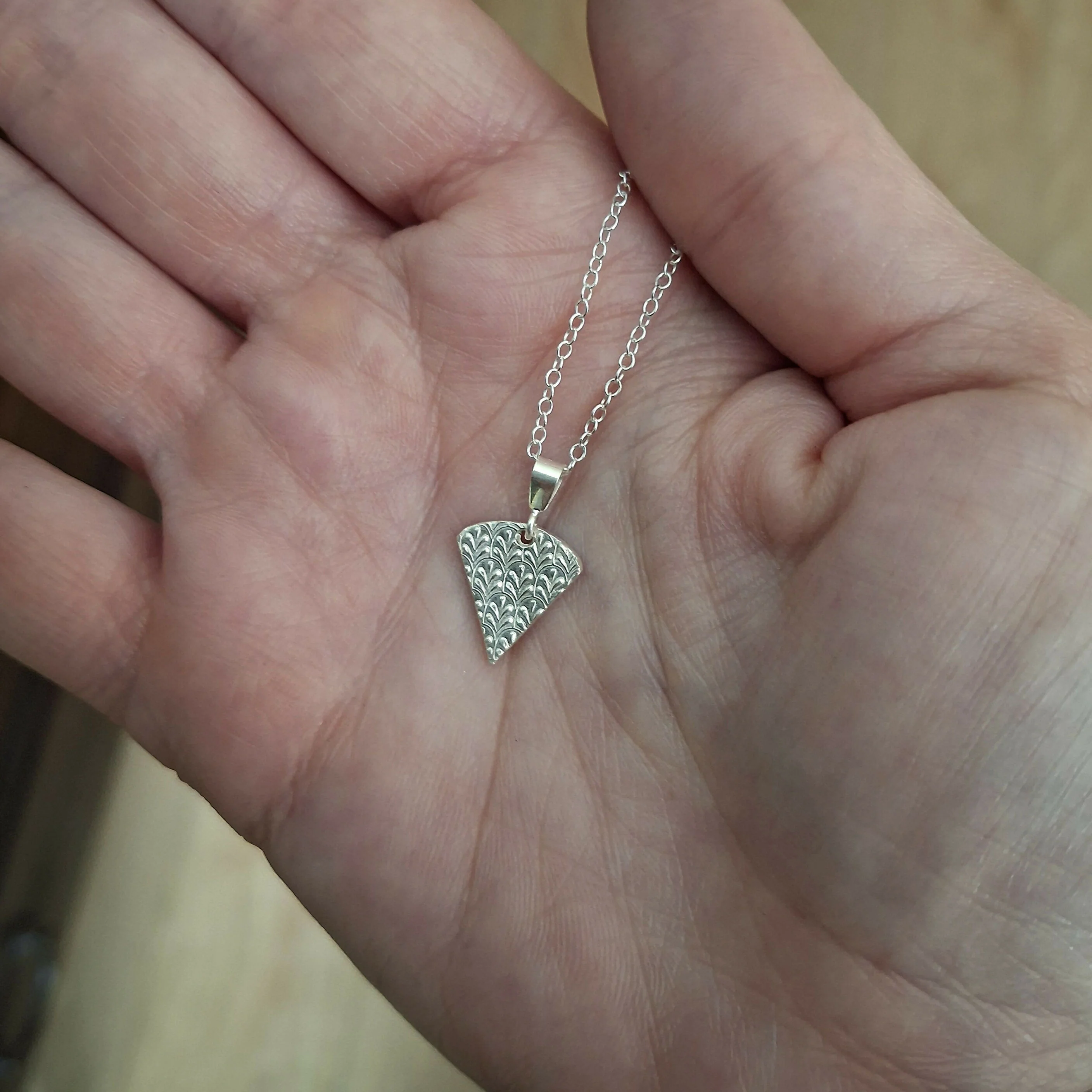 Handmade Silver Triangle Charm Necklace Fancy Leaf Texture - Image 4