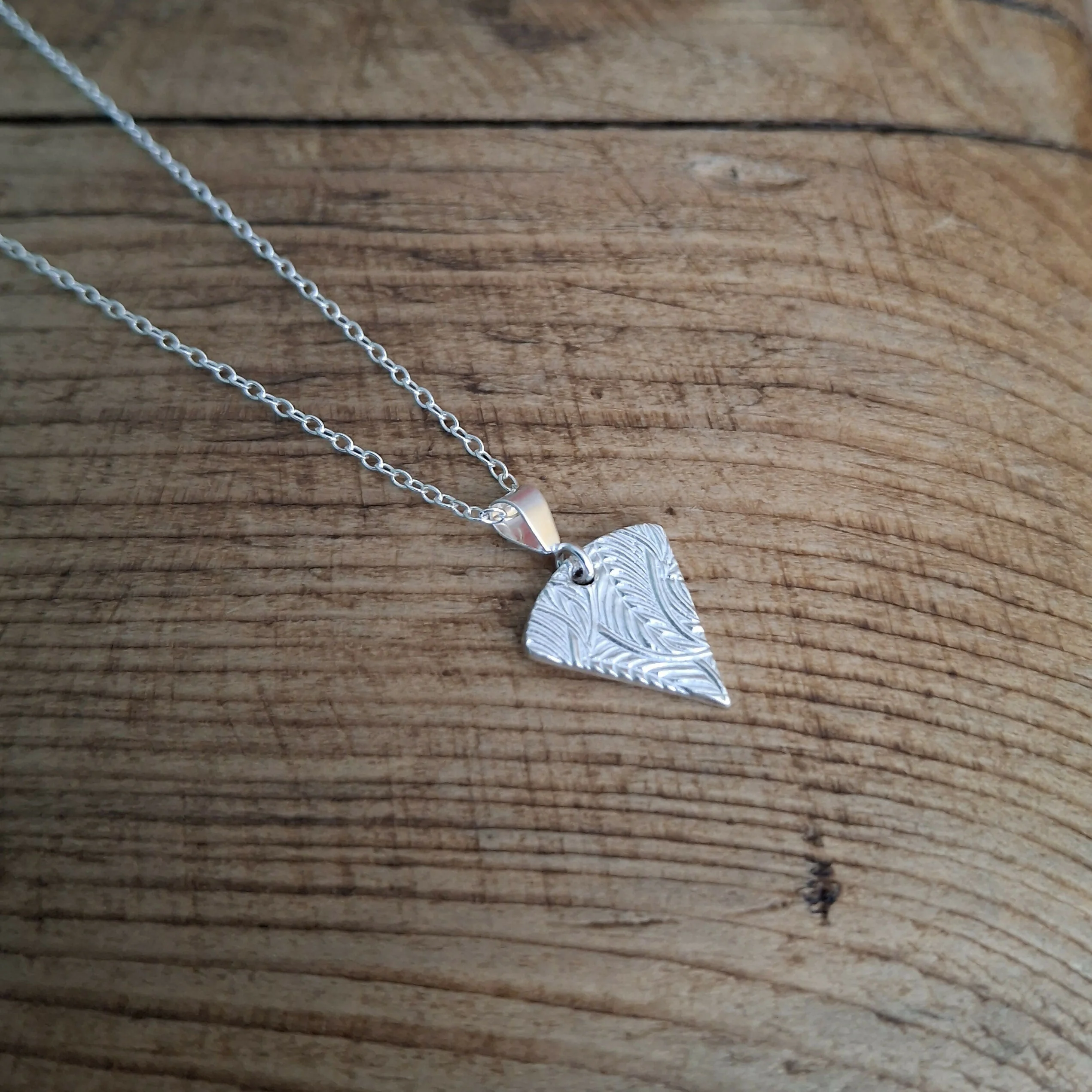 Handmade Silver Triangle Charm Necklace Leaf Texture - Image 2