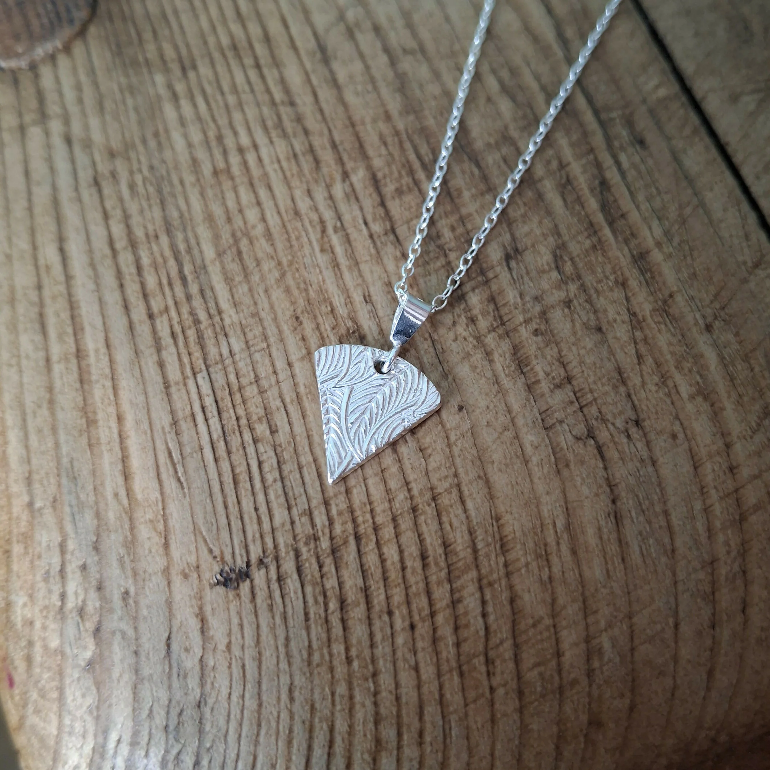 Handmade Silver Triangle Charm Necklace Leaf Texture - Image 3