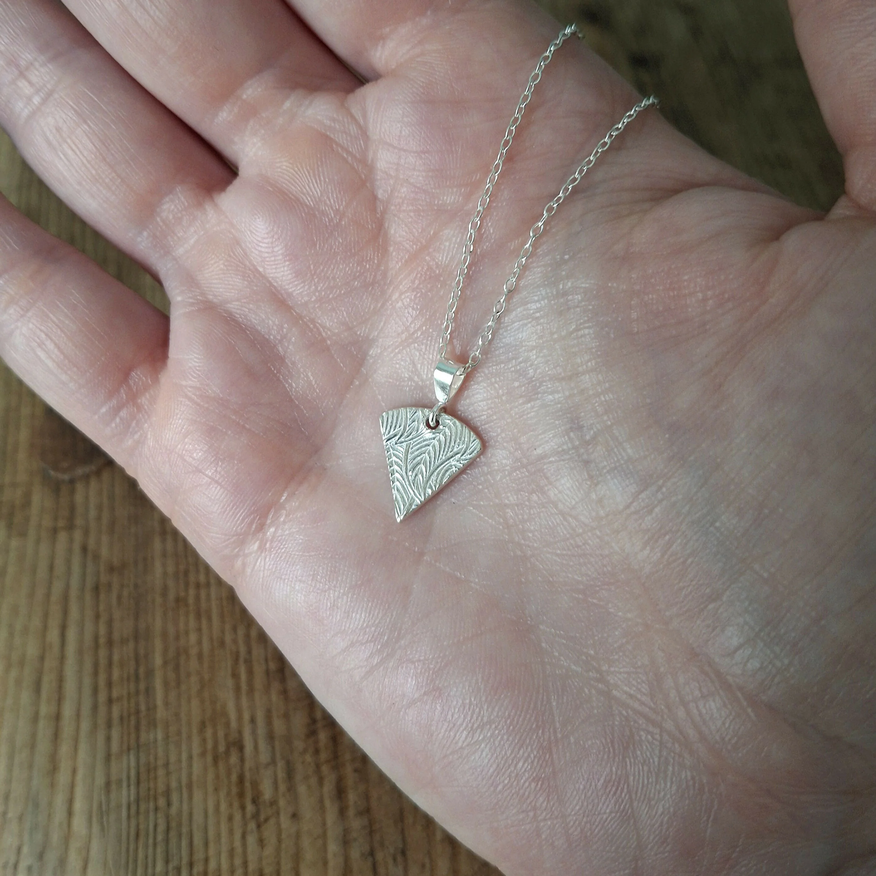 Handmade Silver Triangle Charm Necklace Leaf Texture - Image 4