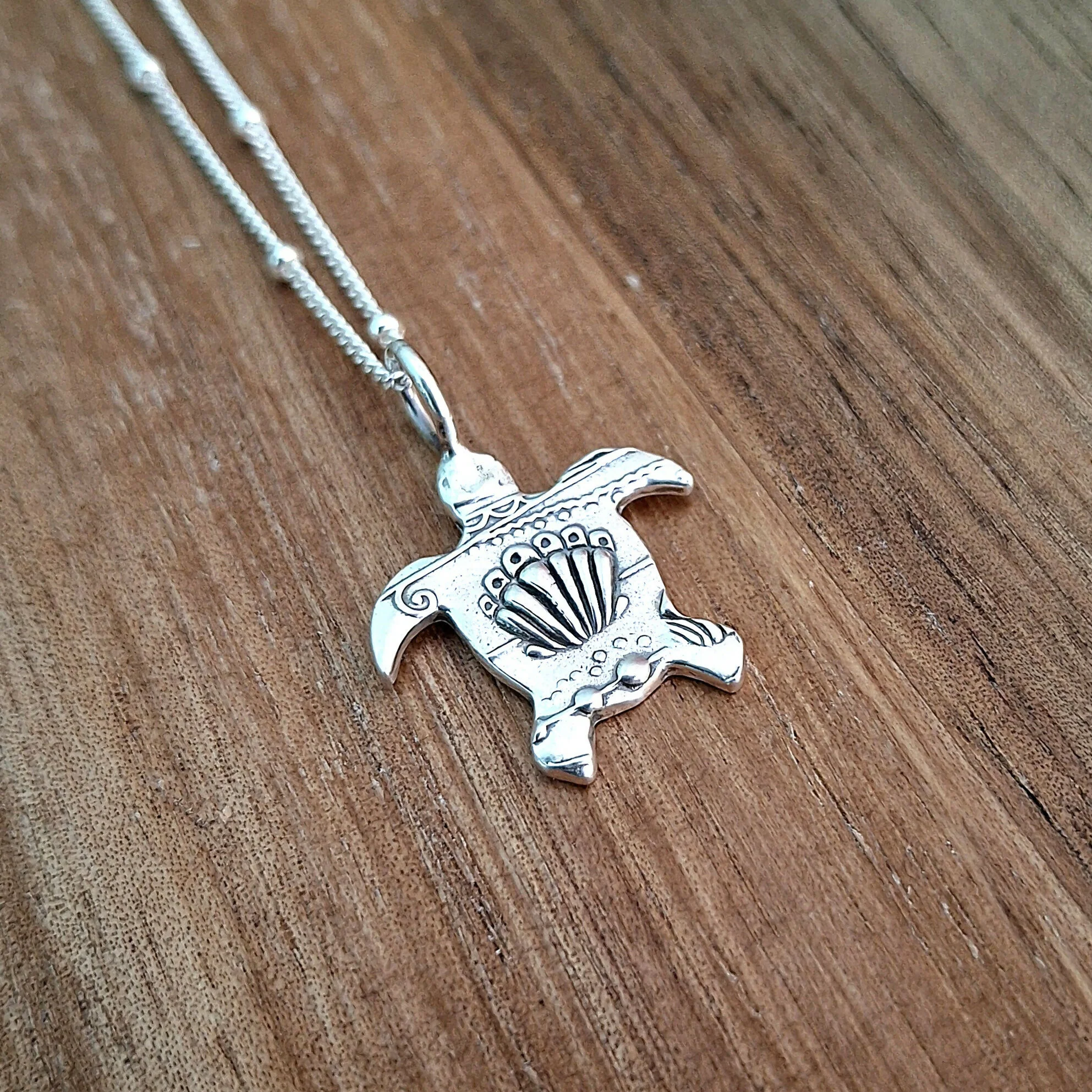 Handmade Silver Turtle Necklace With Shell Pattern