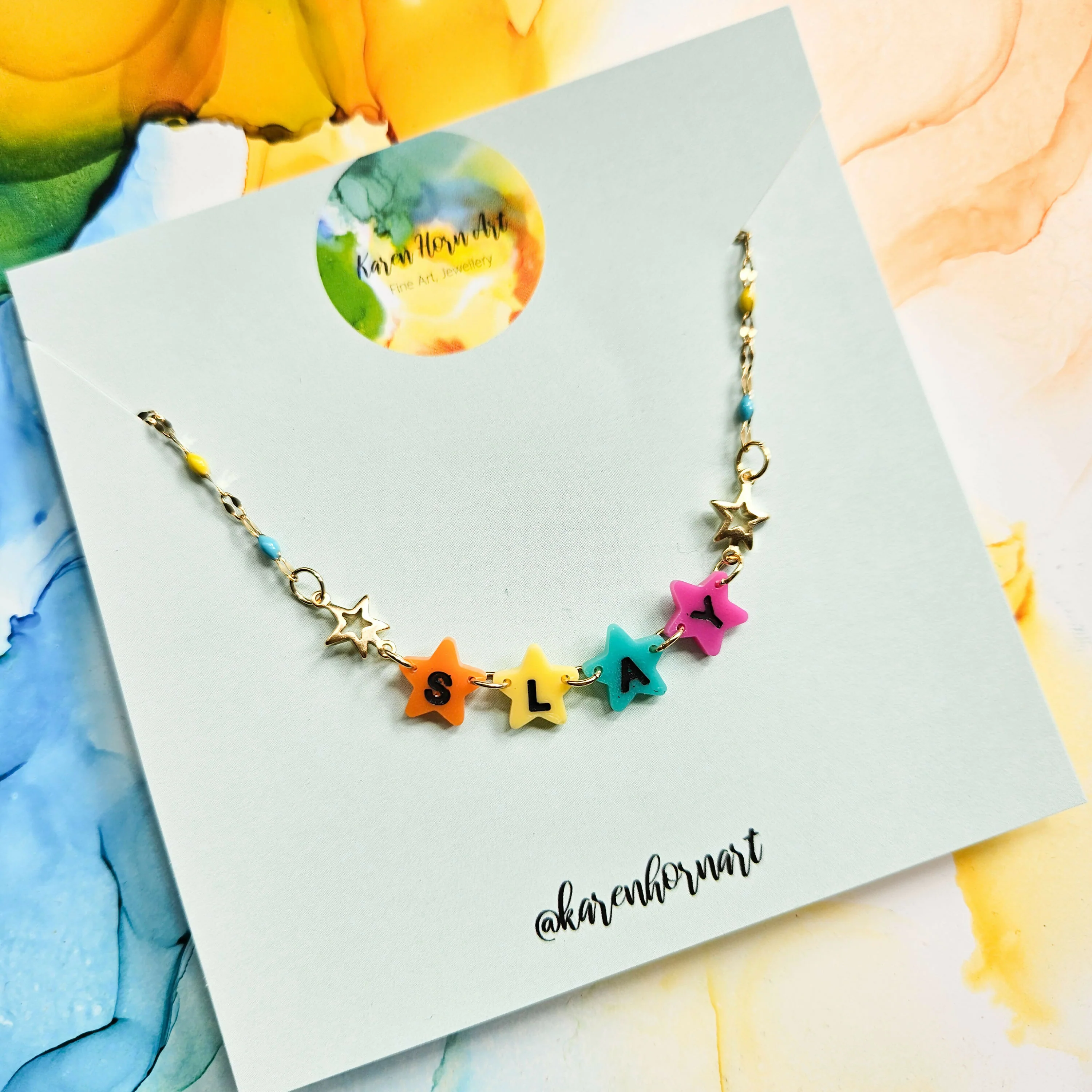 Handmade Slay Rainbow Resin Stars Necklace