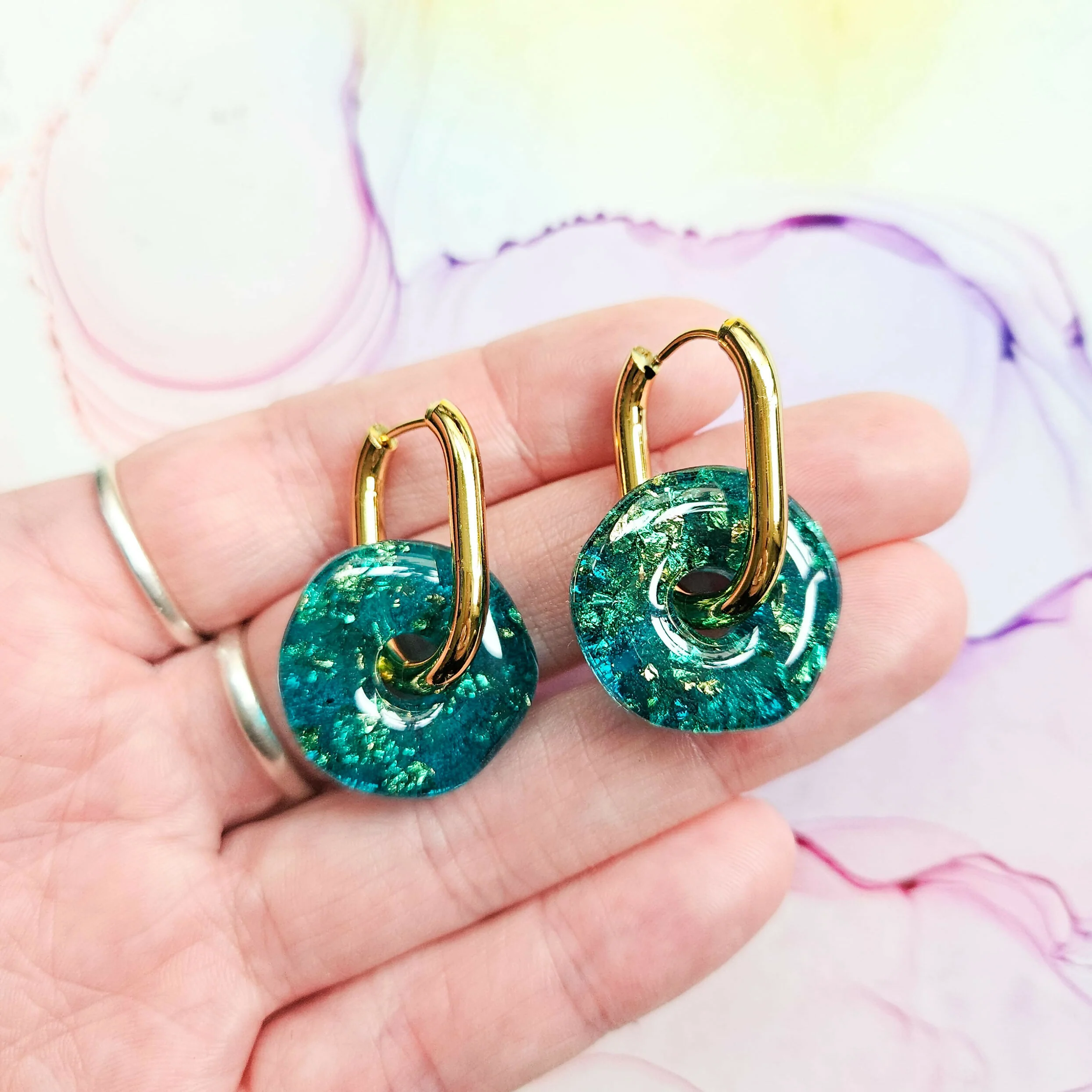 Handmade Translucent Teal Circle Resin Charms With Encased Gold Leaf On Chunky Oval Hoops - Image 2